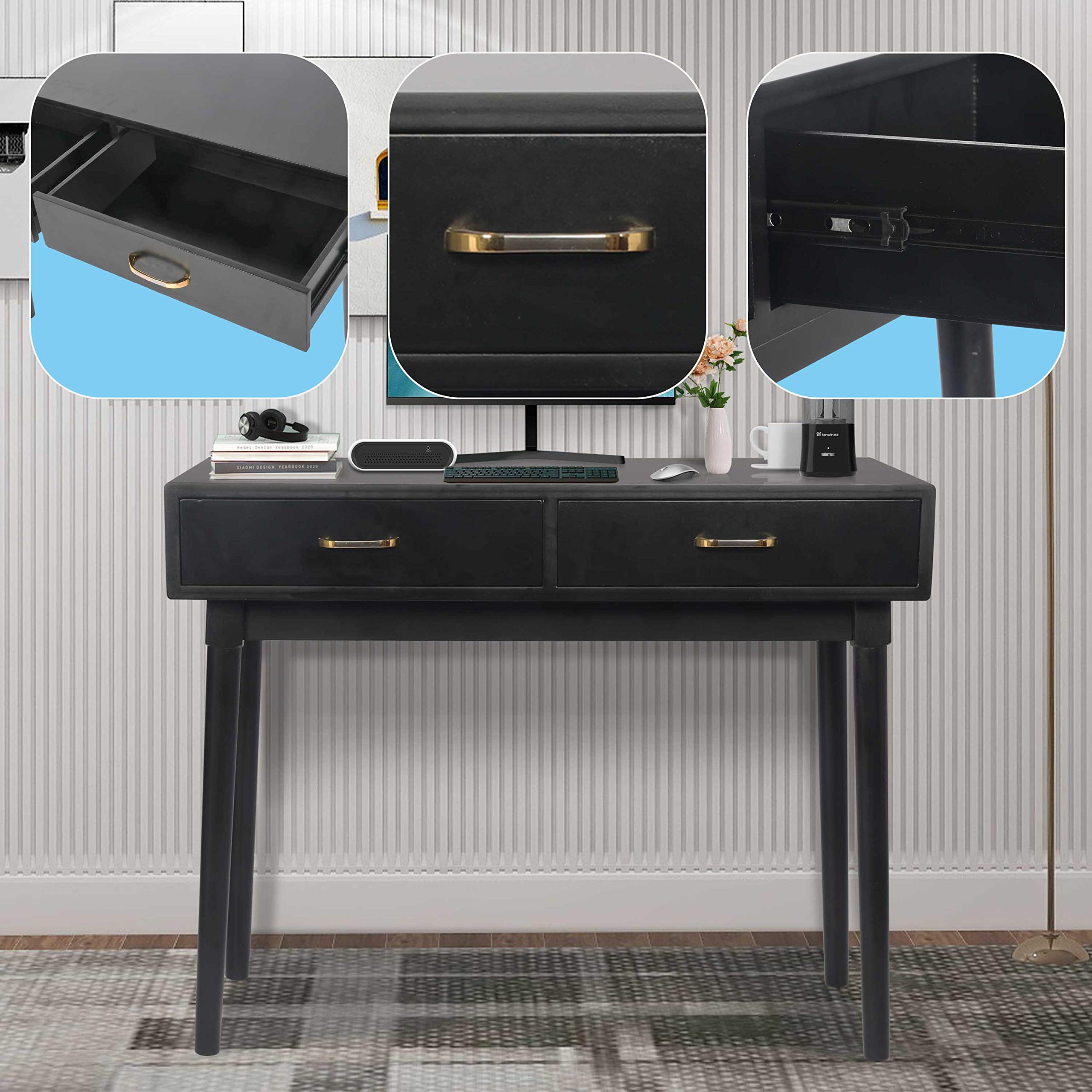 Modern Small White Desk with 2 Drawers - Compact Writing Desk for Small Spaces, Home Office & Study Desk, Laptop Computer Workstation, Bedroom Makeup Vanity Table (Black) | Perfect for Apartments, Dorms & Cozy Workspaces
