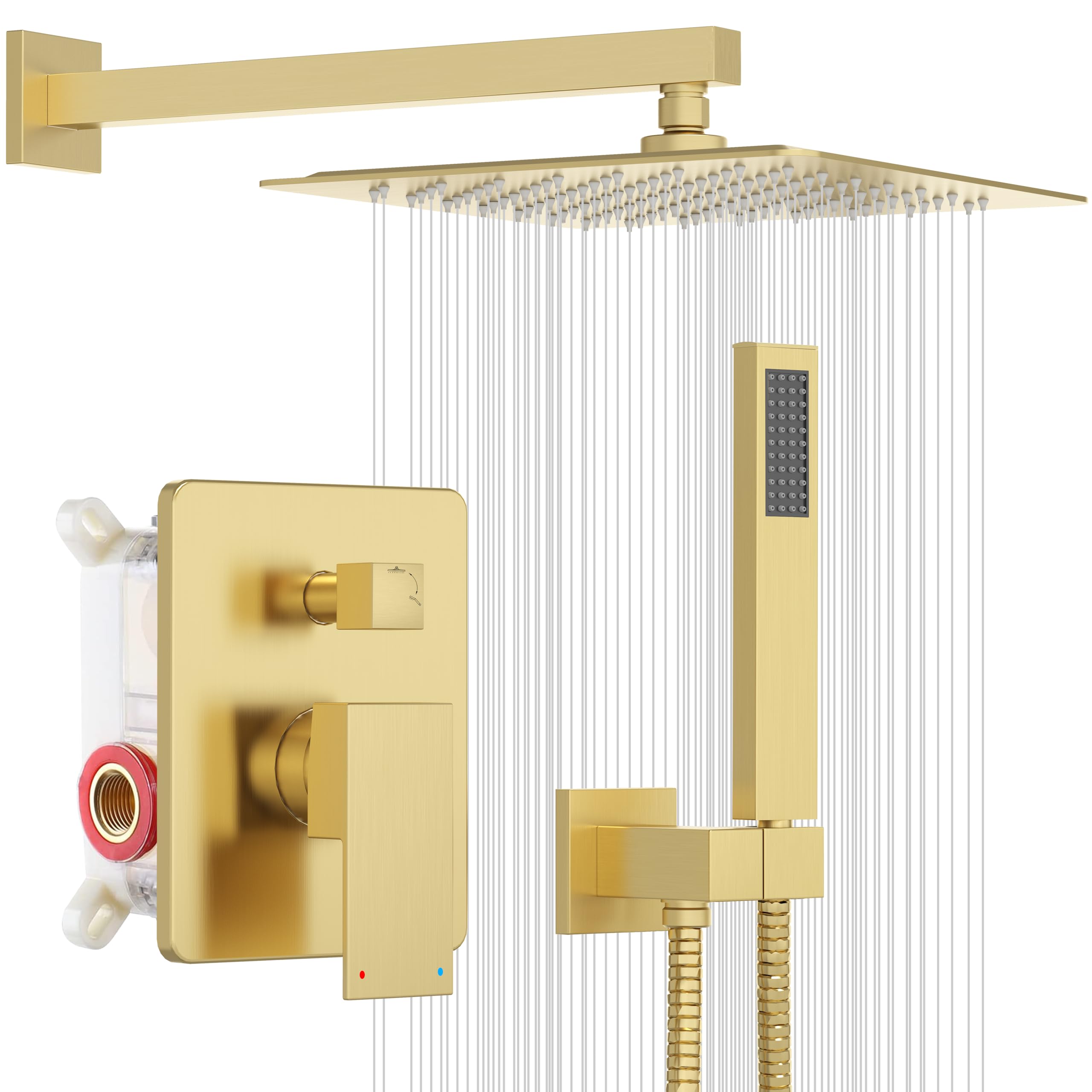 ESNBIA 12 Inch Gold Shower System - Pressure Balance Shower Valve with High Pressure Gold Shower Head & Handle Set - Wall Mounted Brushed Gold Bathroom Fixtures for Luxury Spa Experience at Home