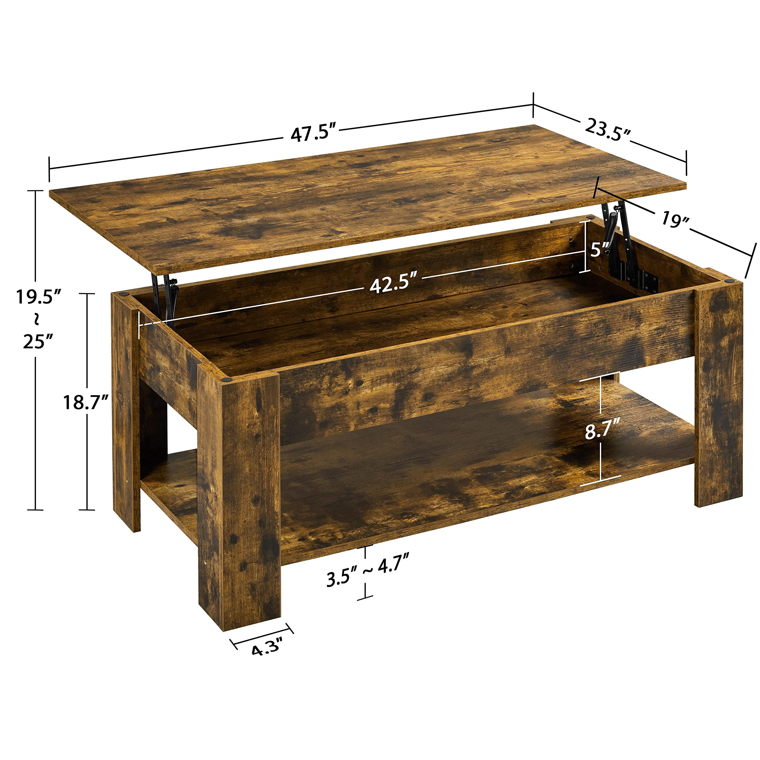 Topeakmart Lift Top Coffee Table with Hidden Storage Compartment & Adjustable Tabletop - Rustic Brown 47.5