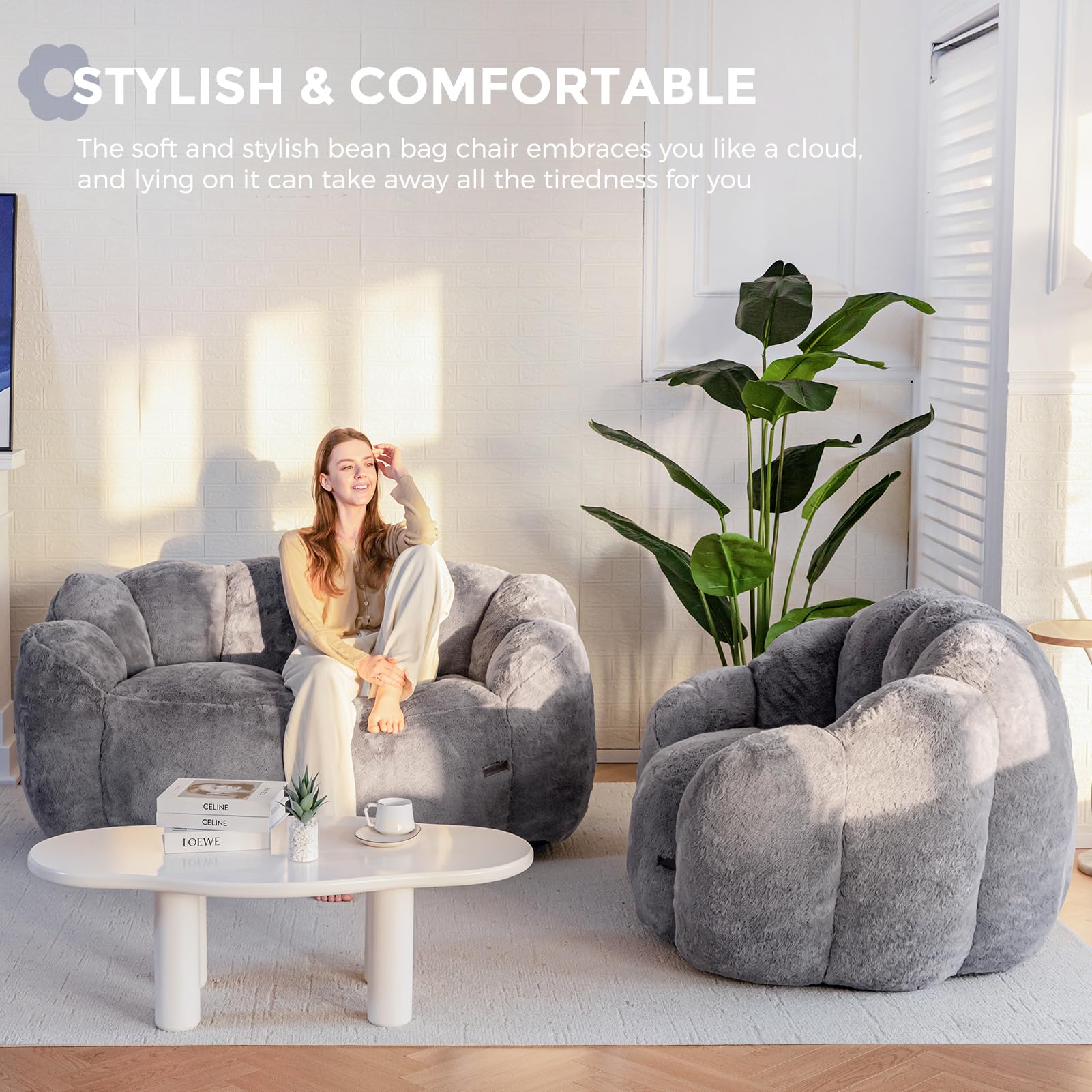 MAXYOYO Floral Bean Bag Chair - Ultra Soft Faux Fur Petal Back Sofa for Adults, Single Size Dark Grey - Perfect for Living Room, Bedroom & Game Room Relaxation