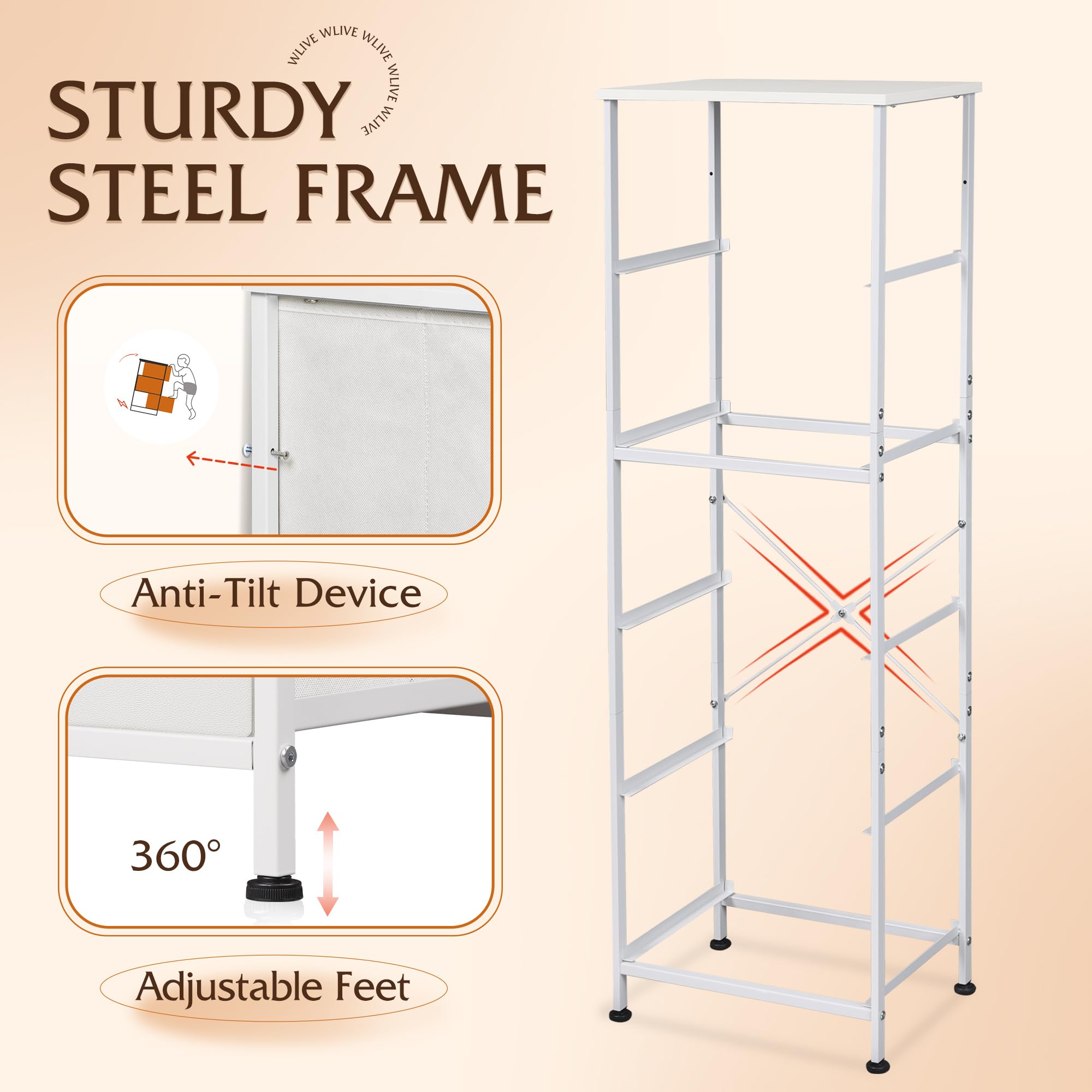 WLIVE 5-Drawer Fabric Dresser with Wood Top & Steel Frame - Tall Bedroom Storage Organizer with Fabric Bins - Perfect for Closet, Hallway, or Nursery Organization - White
