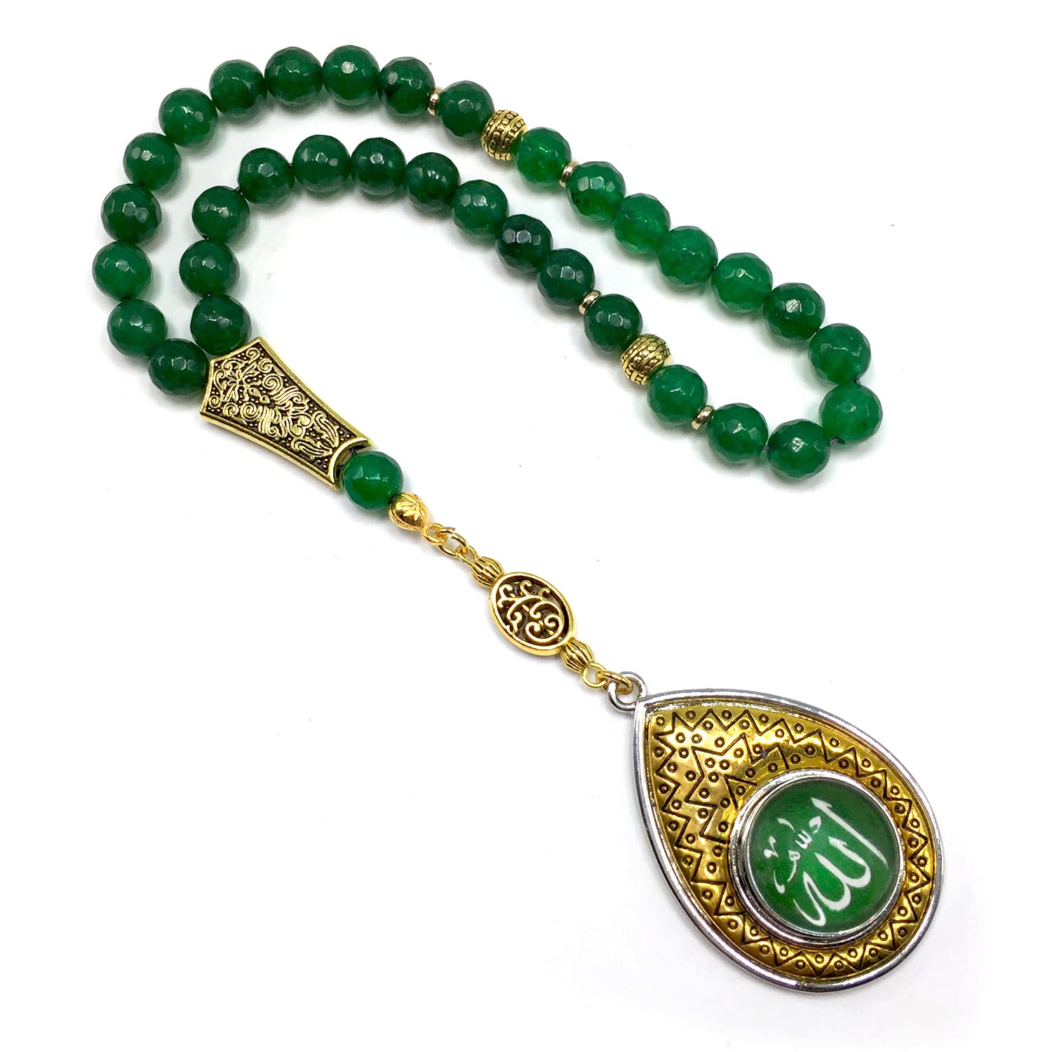 Orient Collection - Genuine Green Jade Faceted Prayer Beads, Worry Beads, Tasbih, Misbaha (8mm, 33 Beads with Allah Tassel) - Islamic Meditation, Stress Relief & Spiritual Practice Accessory