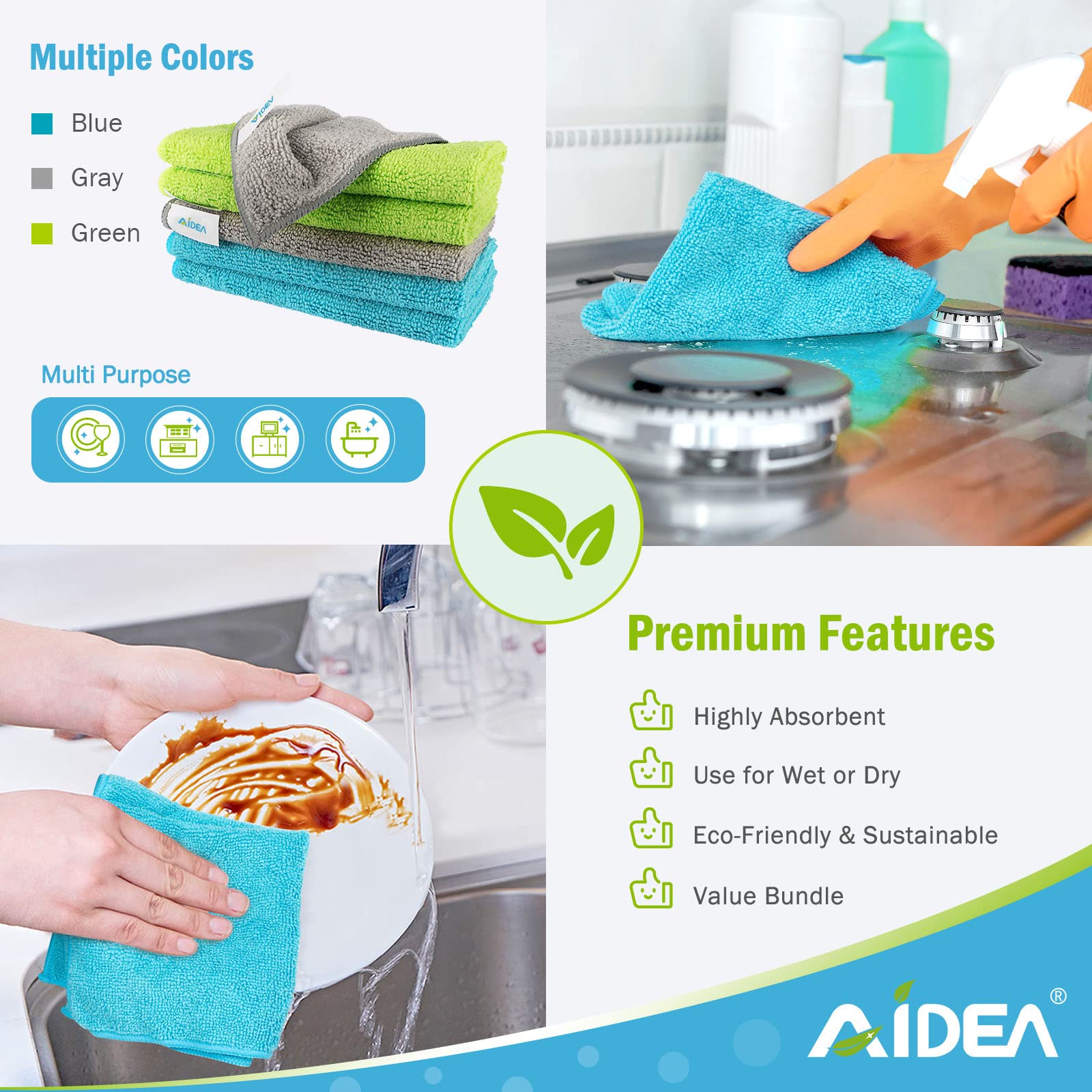 AIDEA 100-Pack Microfiber Cleaning Cloths - Super Absorbent, Lint-Free, Streak-Free Cleaning Towels (12x12 Inch) for House, Kitchen, Car, Windows & Electronics - Perfect for Dusting, Polishing & Glass Cleaning