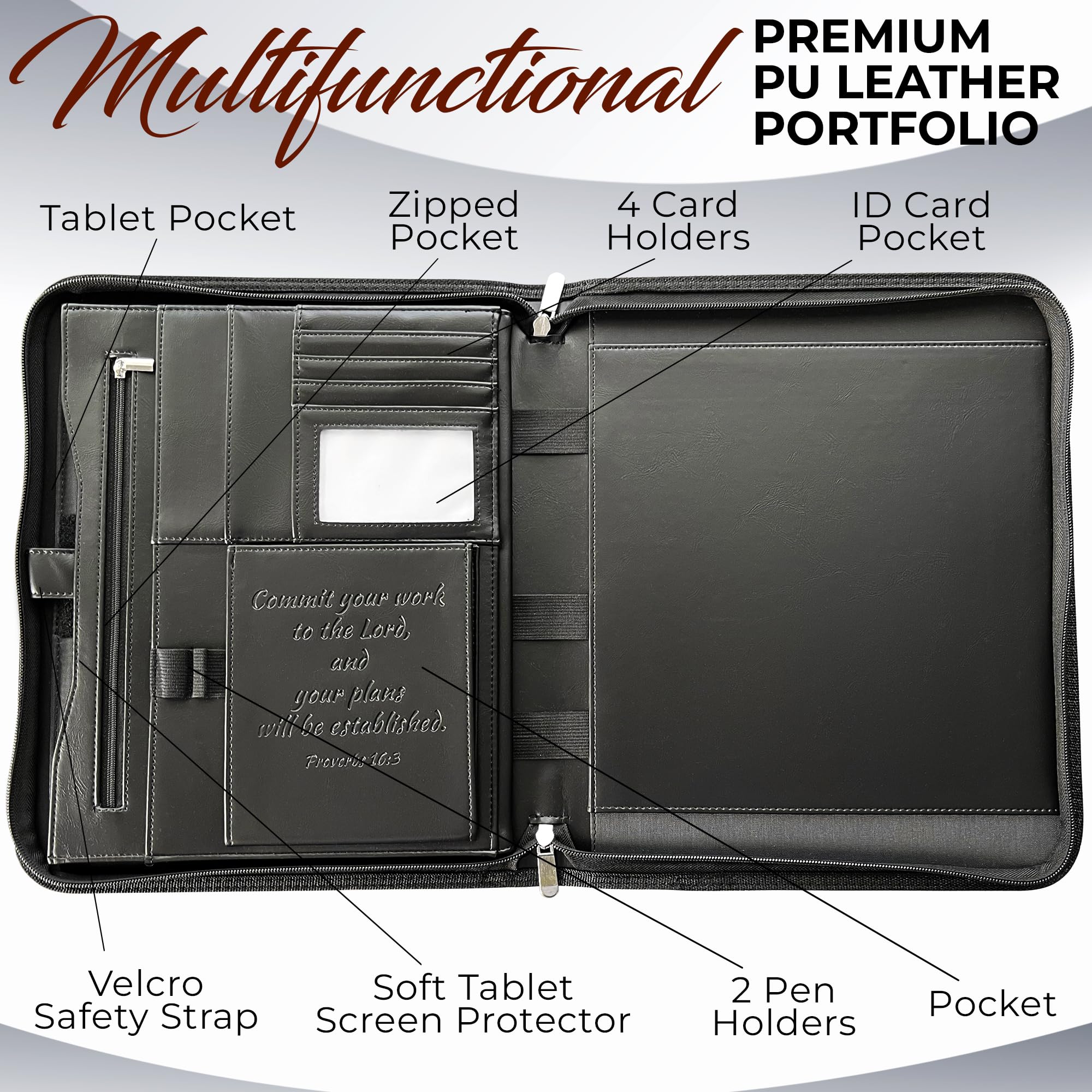 Premium DEHITE Leather Portfolio for Men & Women - Christian Religious Gift with Laptop Pocket - Letter Size Organizer for Bible, Notebook & Notepad - Black Full Grain Zipper Binder - Perfect for Church, Office & Business Meetings