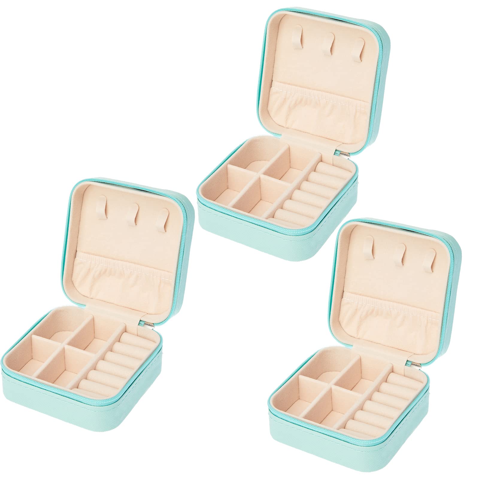3-Piece Small Jewelry Box Organizer for Women & Girls - Portable Mini Travel Jewelry Storage Case for Rings, Earrings, Necklaces - Perfect for Travel, Home Display & Gift Giving (Blue, 3 Pack)