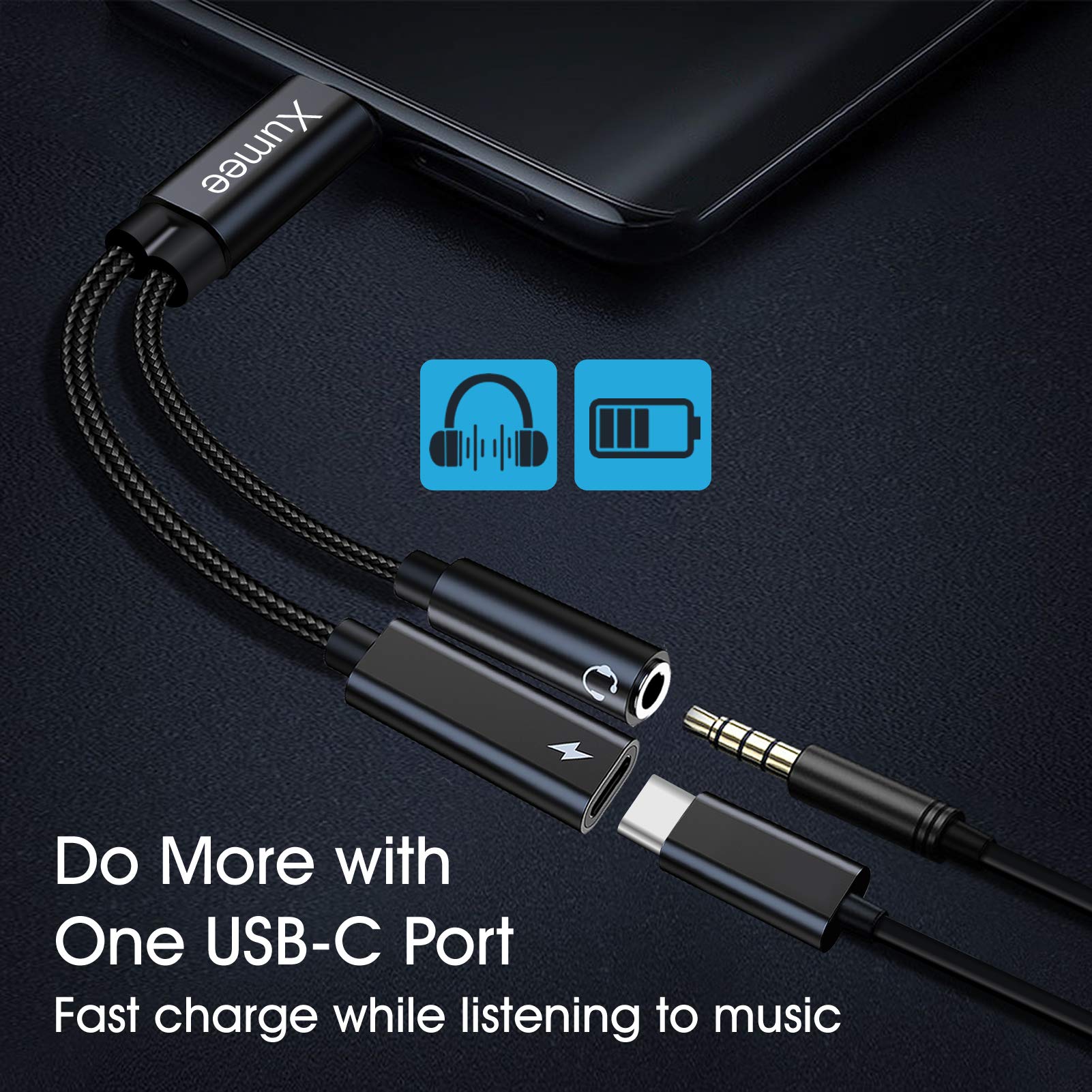 Xumee 2-in-1 USB C to 3.5mm Headphone Jack & Fast Charging Adapter with Hi-Res DAC - Compatible with iPhone 16/15 Pro Max, Galaxy S25/S24 - Black | Perfect for Travel, Gaming & Charging Your Phone While Listening to Music