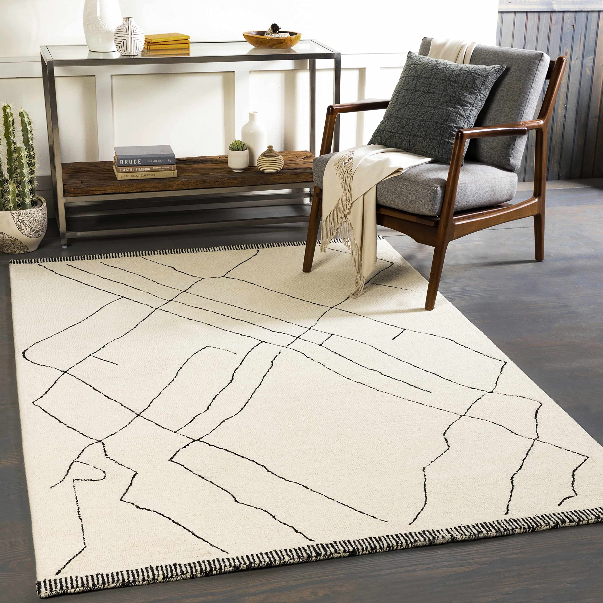 Premium Hauteloom Alpaca Wool Area Rug - Soft & Durable 8' x 10' Modern Black & Beige Carpet for Living Room, Bedroom, Office - Cozy Home Decor & Floor Protection