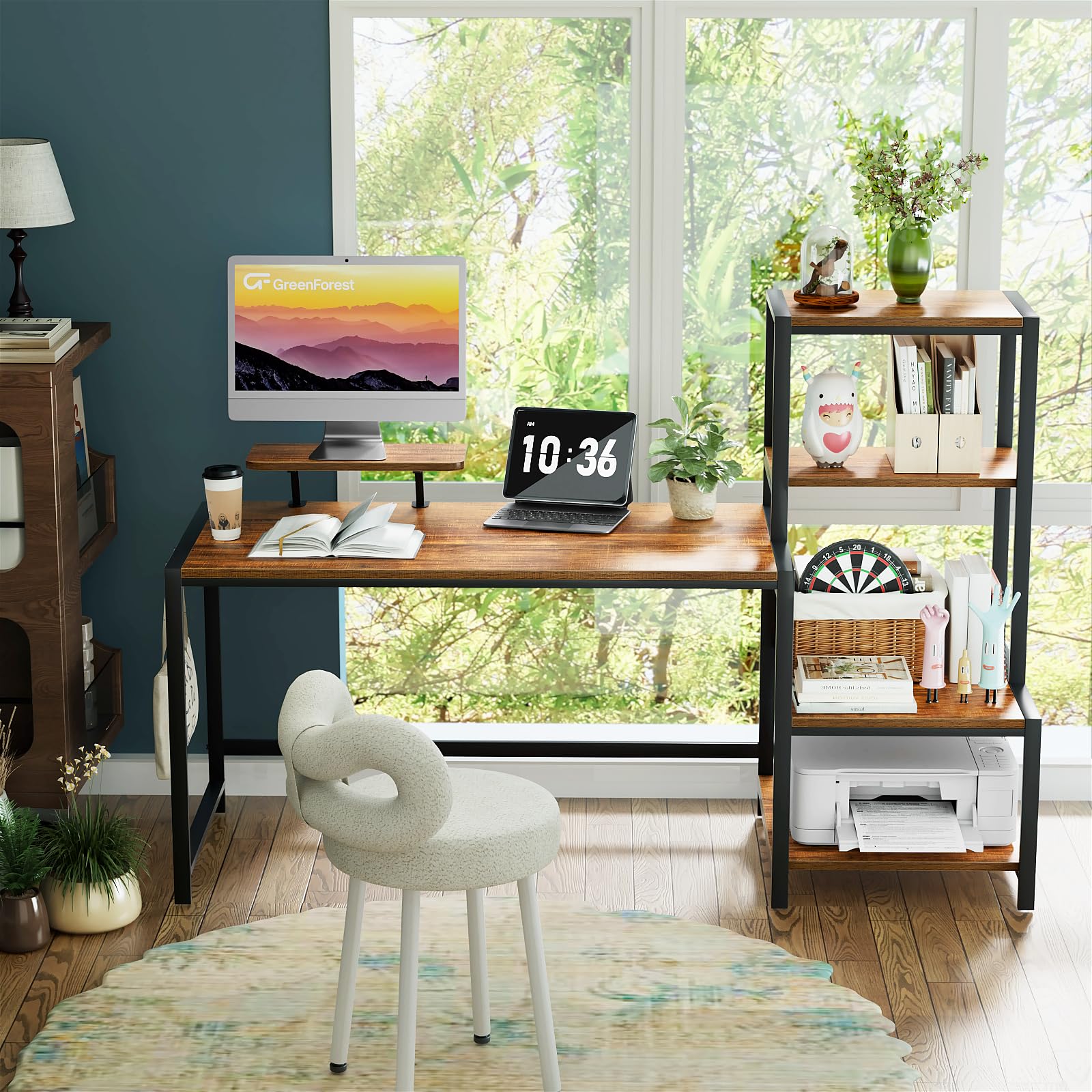 GreenForest 58 Inch Computer Desk with Printer Shelf & Monitor Stand - Reversible Office Desk with 2 Hooks, Sturdy Home Workstation for Study, Writing, Working & Gaming - Perfect for Small Spaces & Home Offices (Brown)