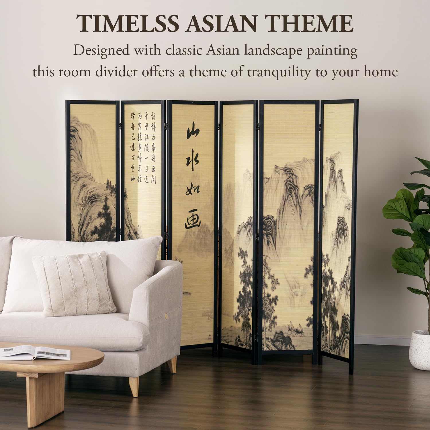 MyGift 6-Panel Bamboo Room Divider with Chinese Calligraphy & Floral Design - Freestanding Folding Screen for Home Office, Bedroom Partition & Asian Decor - Black Wood Frame
