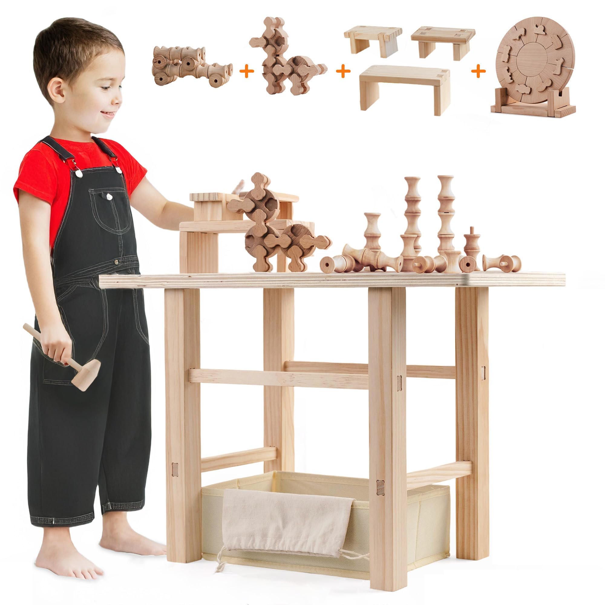 TGZ101 5-in-1 Kids Workbench with 83 Pcs Wooden Blocks - Montessori STEM Learning Tool Bench for Toddlers Ages 3+ - Durable & Safe Wooden Workstation Toy for Boys & Girls - Perfect for Pretend Play, Early Childhood Development & DIY Projects
