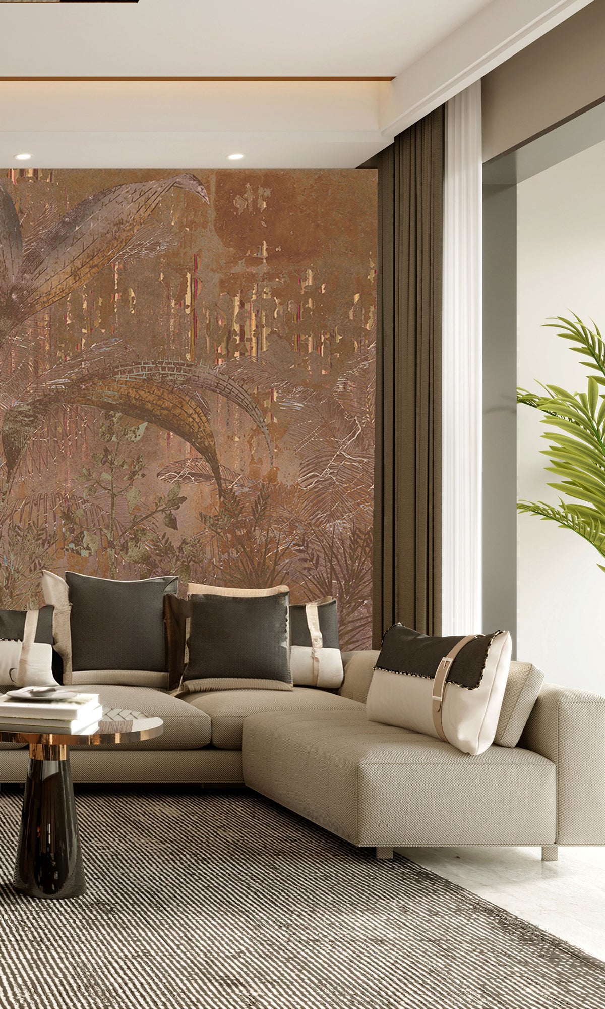 Caramel Gold Botanical Escape Mural Wallpaper M2550 Sample - Nature-Inspired Peel & Stick Wallpaper for Living Room, Bedroom, or Office Decor