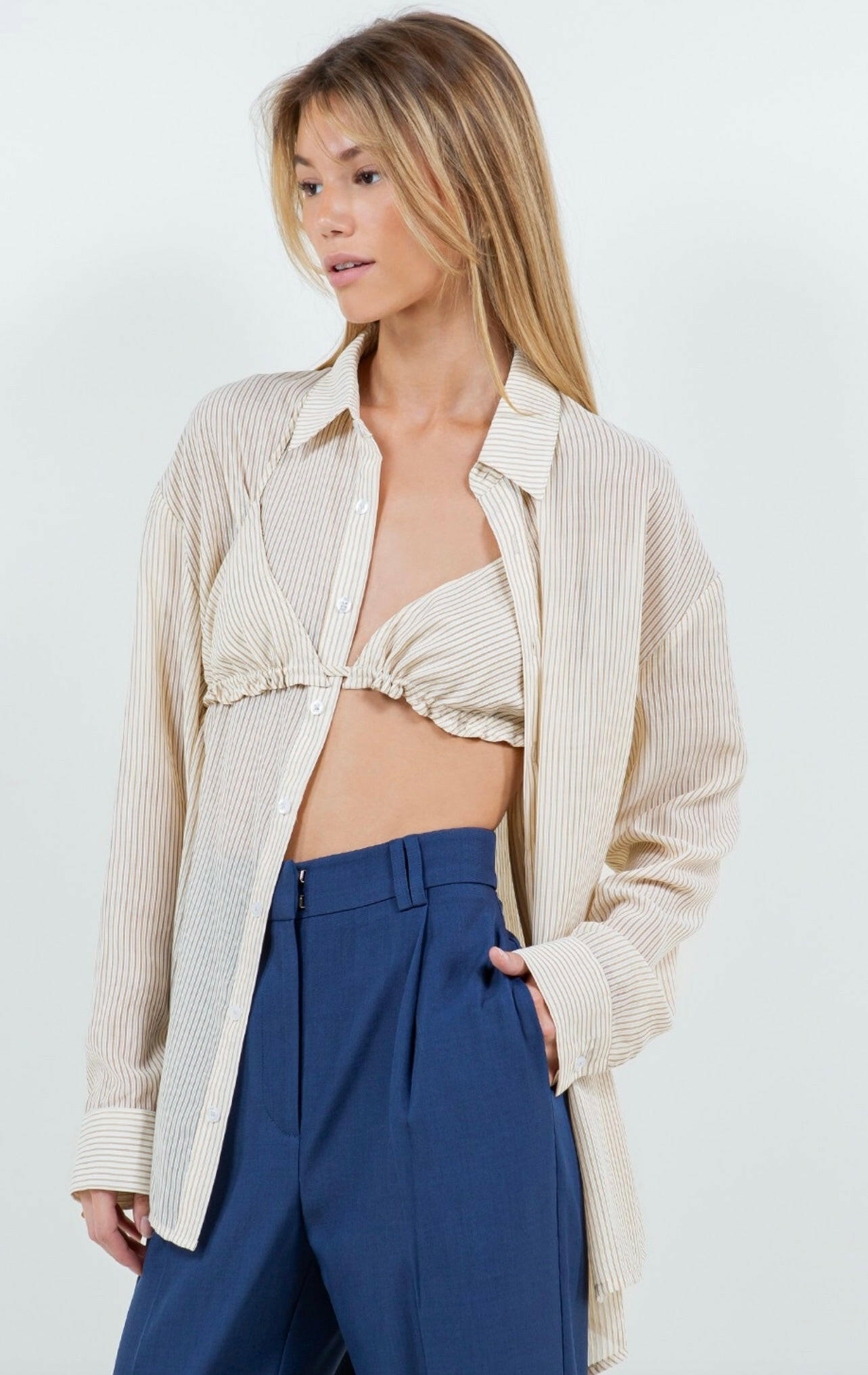 Sheer Button Up Blouse with Bikini Top - Ivory & Camel Colors - Perfect for Beach Cover-Up, Summer Outfits, and Casual Wear