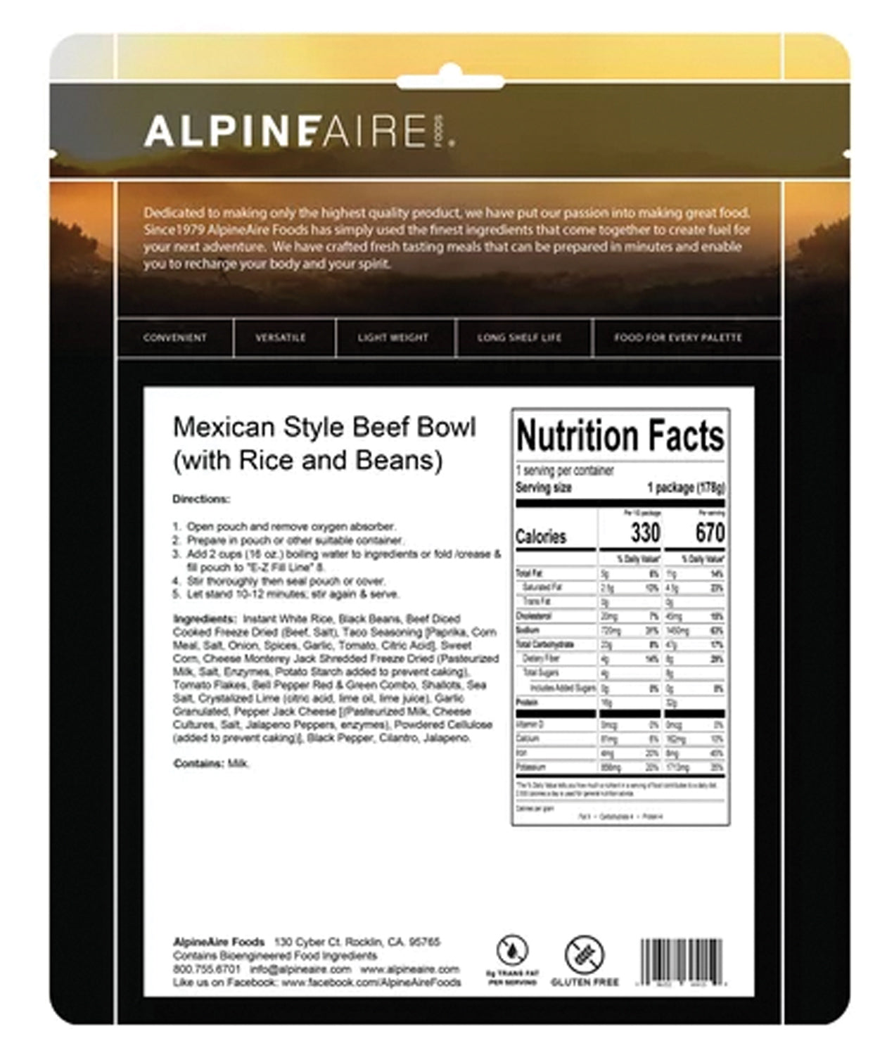 Alpine Aire Mexican Style Beef Bowl - Authentic Mexican Flavors, Freeze-Dried Camping Food for Backpacking & Emergency Preparedness | Perfect for Outdoor Adventures, Hiking & Survival Kits