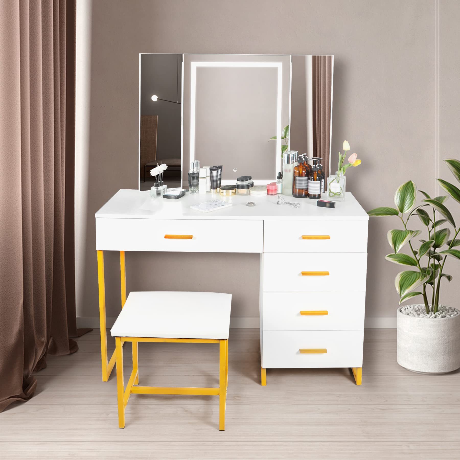 Vanity Desk with Mirror and Lights - Makeup Vanity Set with Cushioned Stool, Storage Shelves & 5 Drawers for Bedroom (White) | Perfect for Dressing Room, Beauty Salon & Home Decor