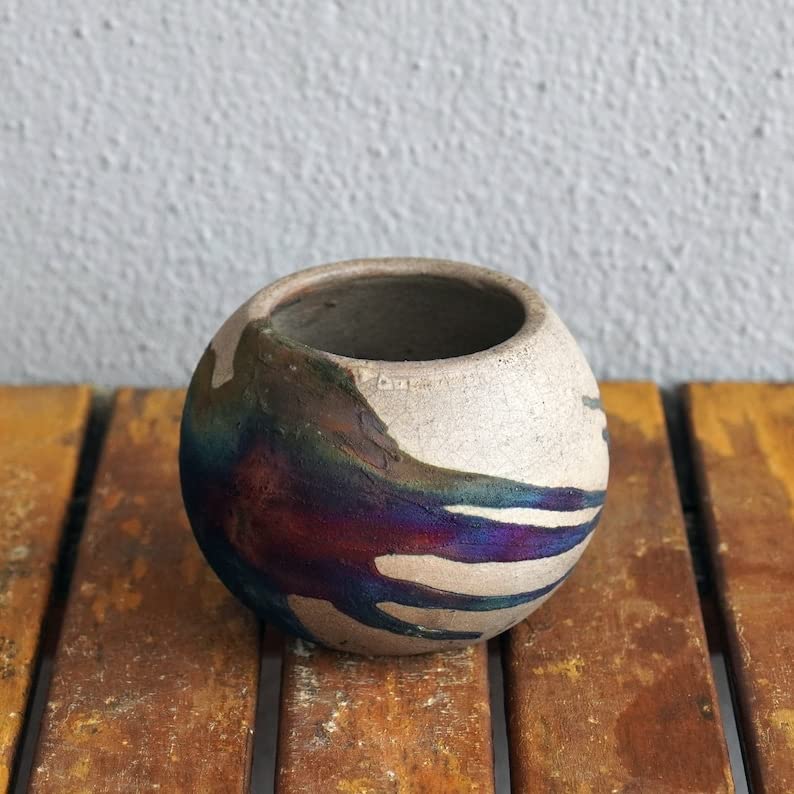 Handmade Ceramic Raku Vase 3.5 Inch - Unique Boho Home Decor, Wedding Gift for Bridesmaid, Mother's Day Present - Perfect for Living Room, Bedroom & Office Desk Decoration