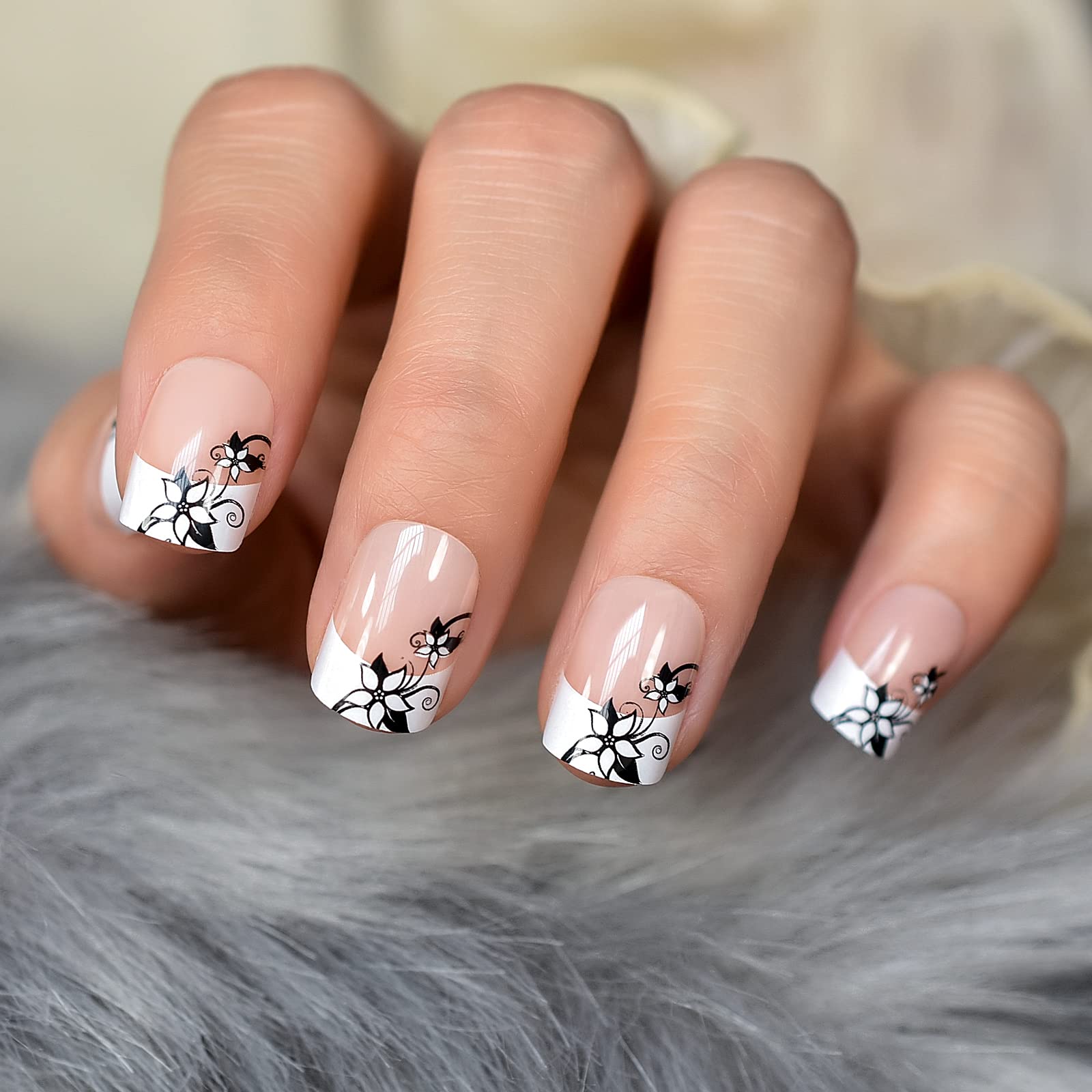 24pcs French Lily Flower Press on Nails - Soft Gel Glossy Natural Nude Fake Nails for Women, Reusable Stick on Acrylic Nails with Glue Kit | Perfect for Weddings, Parties & Everyday Wear