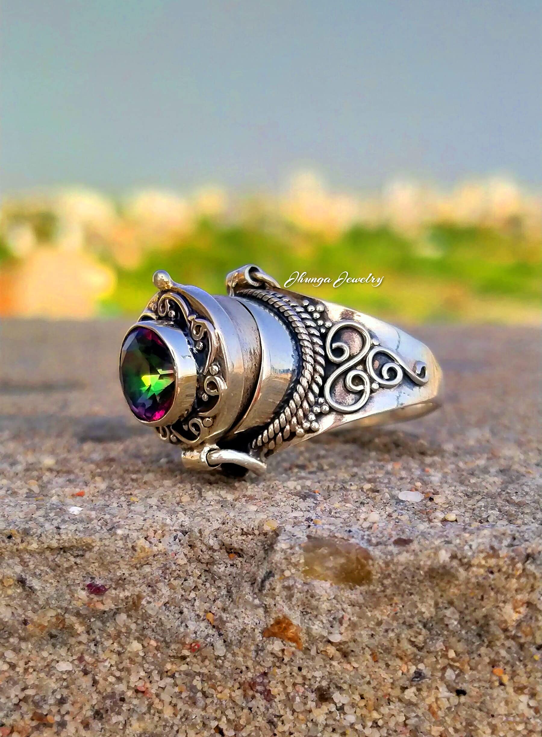 Handmade 925 Sterling Silver Mystic Topaz Poison Ring - Secret Box Ring with Openable Compartment, Rainbow Moonstone Jewelry for Gothic Fashion & Medieval Cosplay