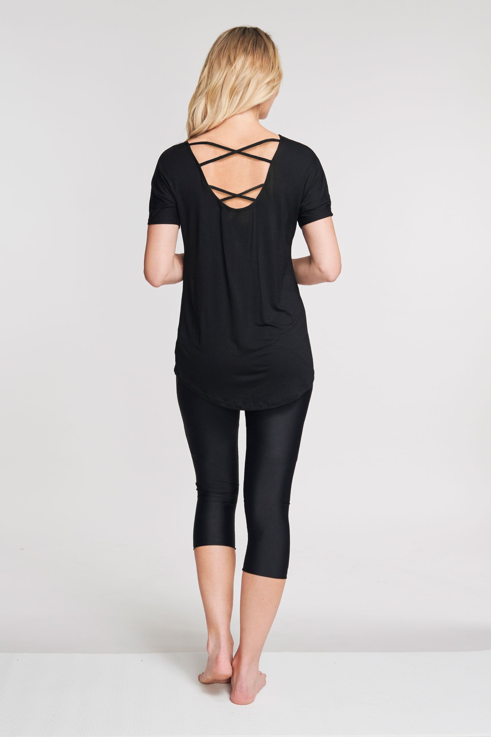 Ultra Soft Scoop Back Lattice Dolman Tee - Solid Black Women's T-Shirt | Comfortable Stretch Fabric for Casual Wear & Everyday Outfits