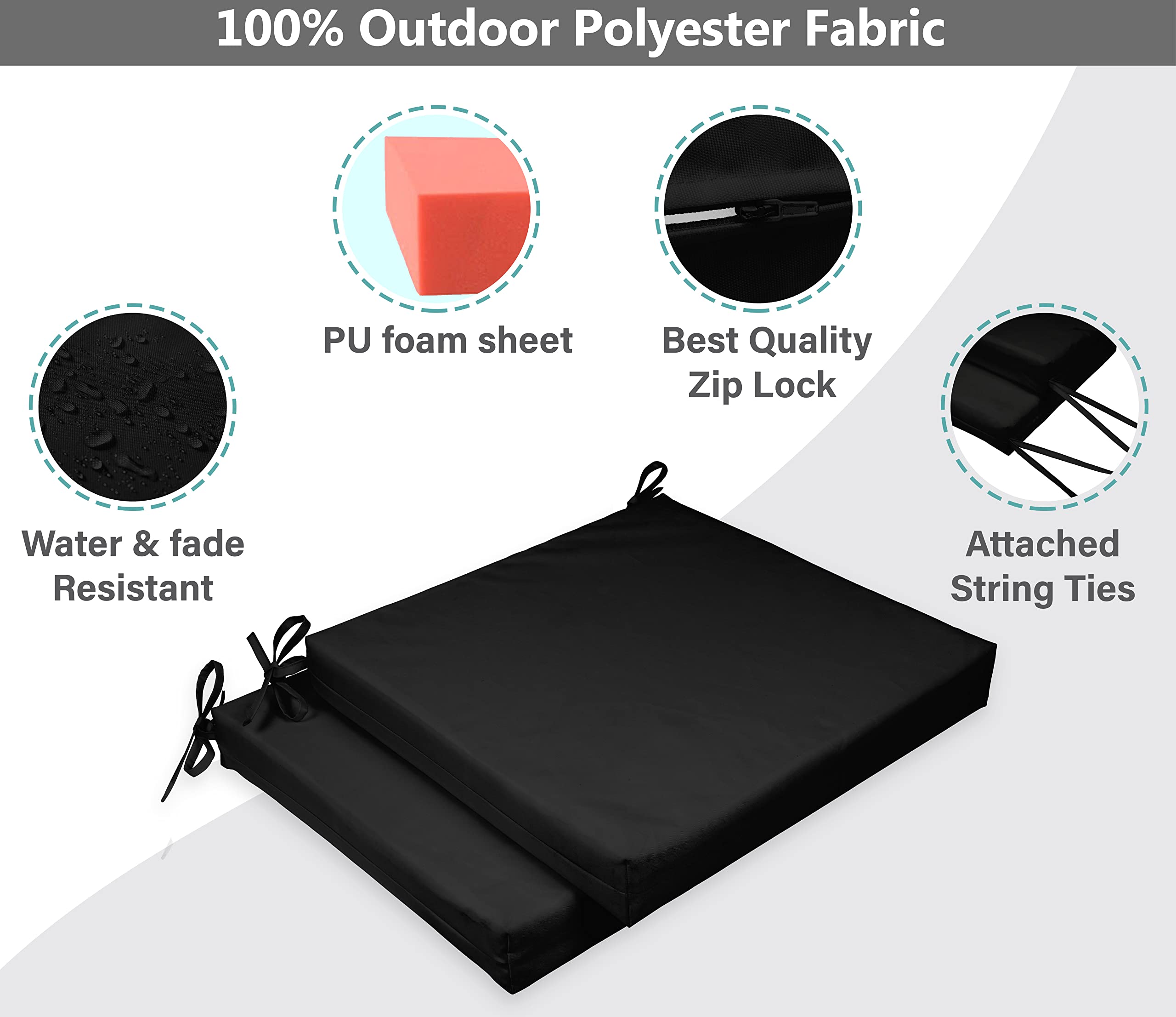 20x20 Inch Indoor/Outdoor Square Chair Cushions with Ties - Set of 2 Black Patio Seat Cushions for Garden Furniture, Deck Chairs & Outdoor Decor - Perfect for Backyard, Poolside and Patio Relaxation