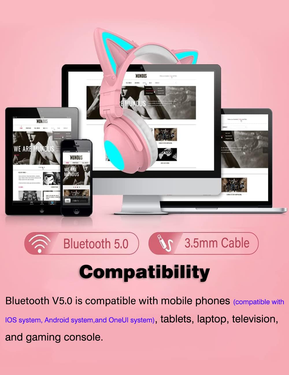 Pink Cat Ear Headphones with Mic - Bluetooth 5.0 Gaming Headset, RGB LED Light Up Ears, Foldable & Adjustable Over-Ear Design, Wireless/3.5mm Wired for PC, Mobile, Tablet - Perfect for Gaming, Streaming & Cosplay