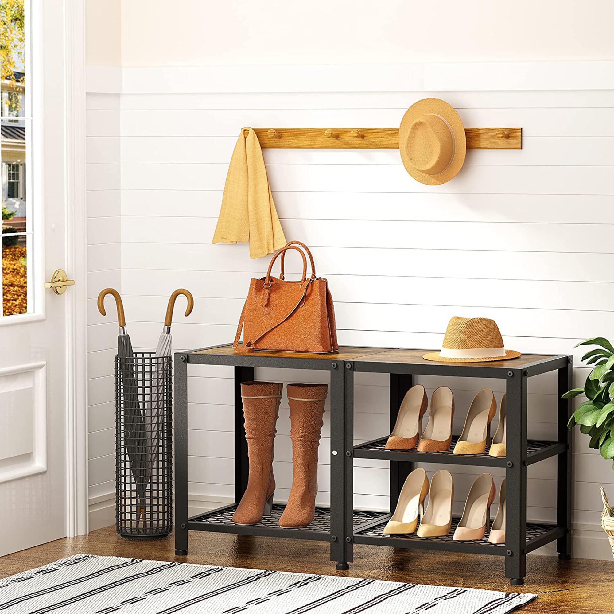 Hoctieon 3-Tier Wooden Shoe Bench with Mesh Shelves - 29