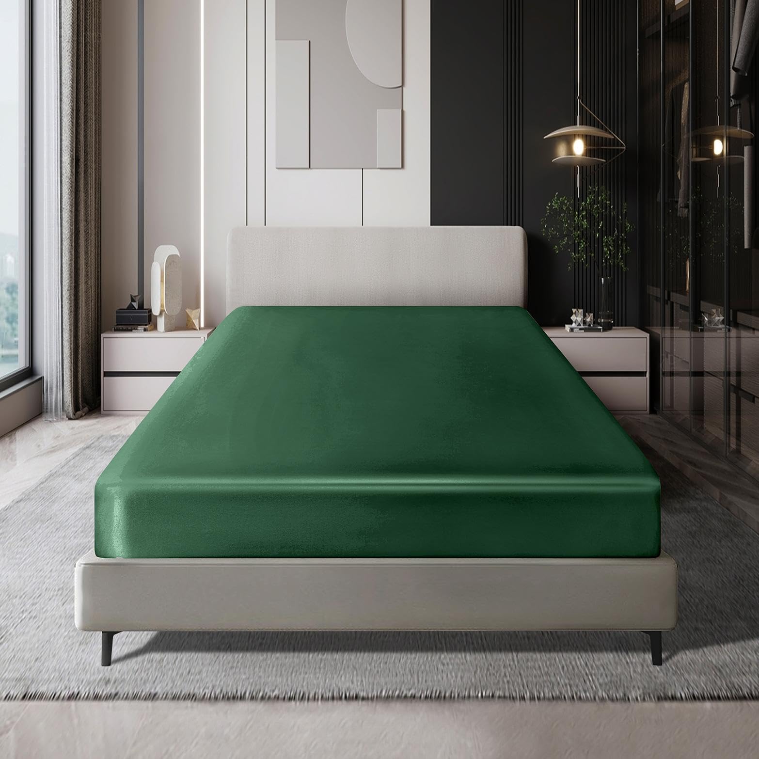 Premium MILVOWOC Queen Satin Fitted Sheet - Soft Blackish Green Bottom Sheet Only (1 Piece) for Luxurious Bedroom Comfort | Perfect for Hotels, Guest Rooms & Home Decor