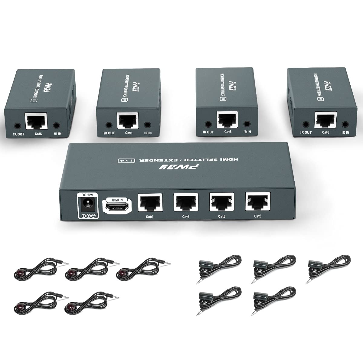 1x4 HDMI Extender Splitter Over Cat5e/Cat6/Cat7 Ethernet Cable - 50m/165ft Range with EDID Management, Bi-Directional IR & POC - Supports 1080P@60Hz 3D (1 Input 4 Output) - Perfect for Home Theater, Conference Rooms & Multi-Screen Displays