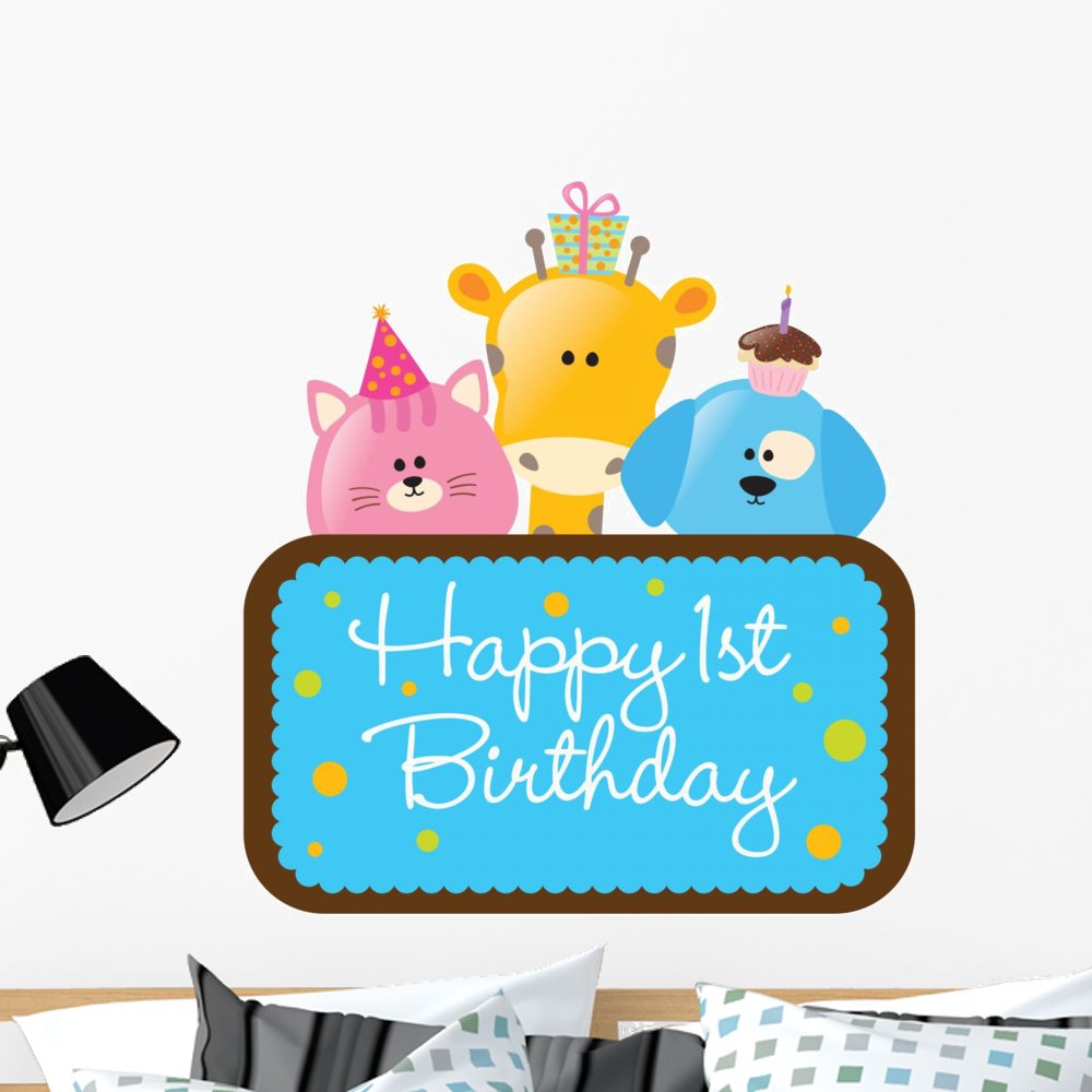 Happy Birthday Baby Boy Wall Decal - Peel and Stick Vinyl Wall Sticker (36x36 Inches) - Perfect for Nursery, Kids Room & Birthday Party Decorations