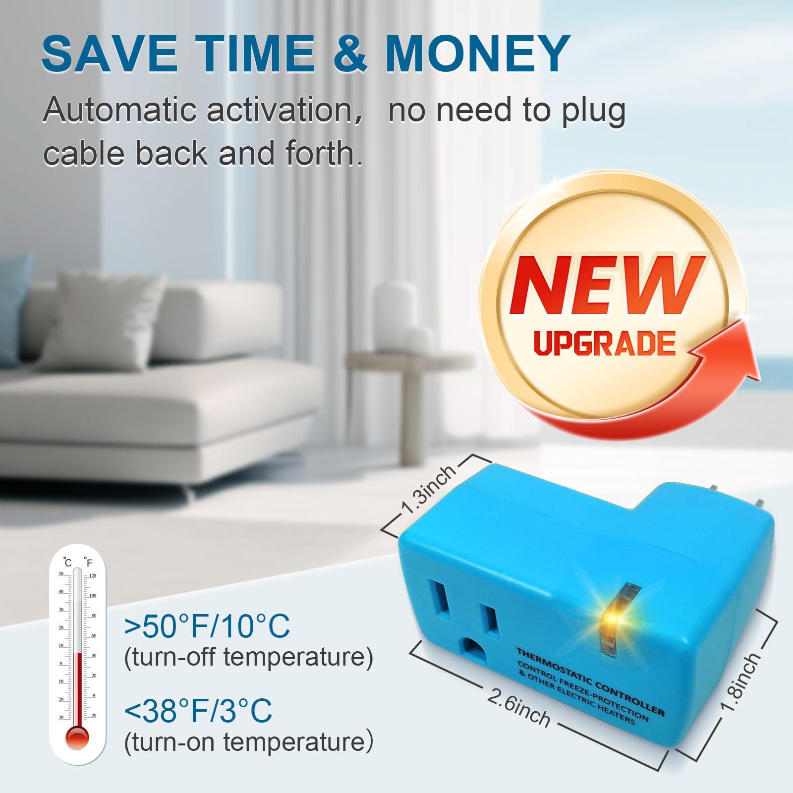 YeloDeer Upgraded Thermostat Outlet - Auto On at 38°F/Off at 50°F for Greenhouse, Well House, Pond De-icers, Farm & RV Heaters | Perfect for Winter Protection & Temperature Control