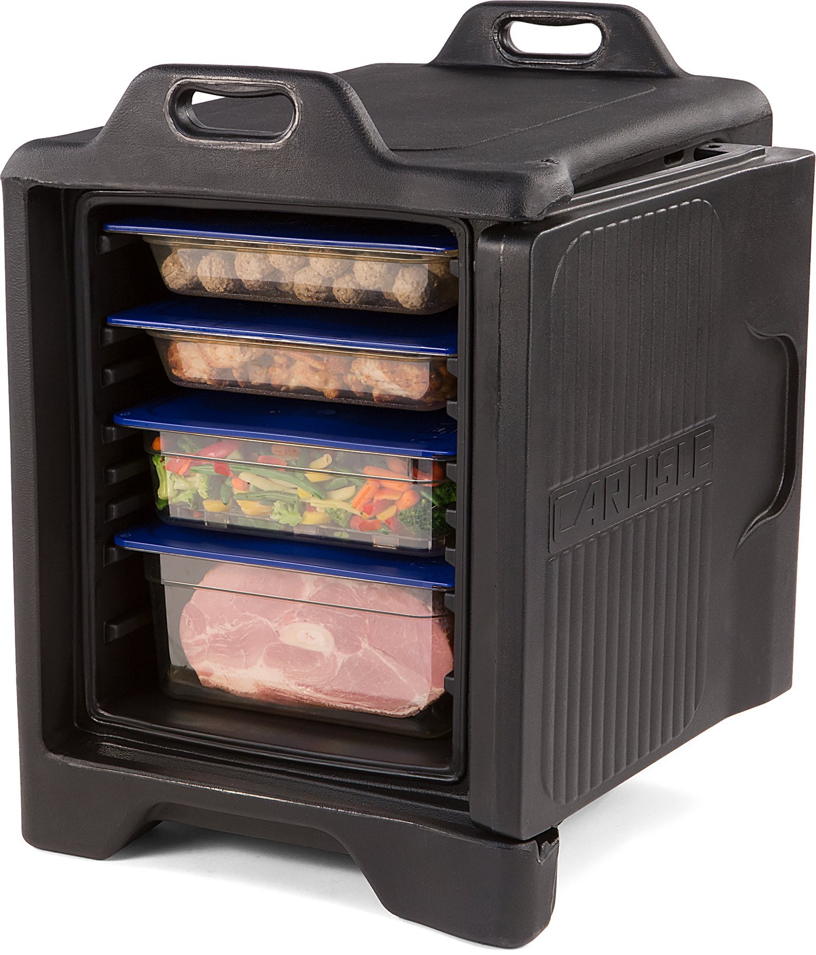 Carlisle FoodService 5-Pan Insulated Food Carrier - Slide 'N Seal End Loader with Handles for Catering, Restaurants & Commercial Kitchens | Durable Black Plastic Food Pan Transport | Perfect for Buffets, Catering Events & Food Storage