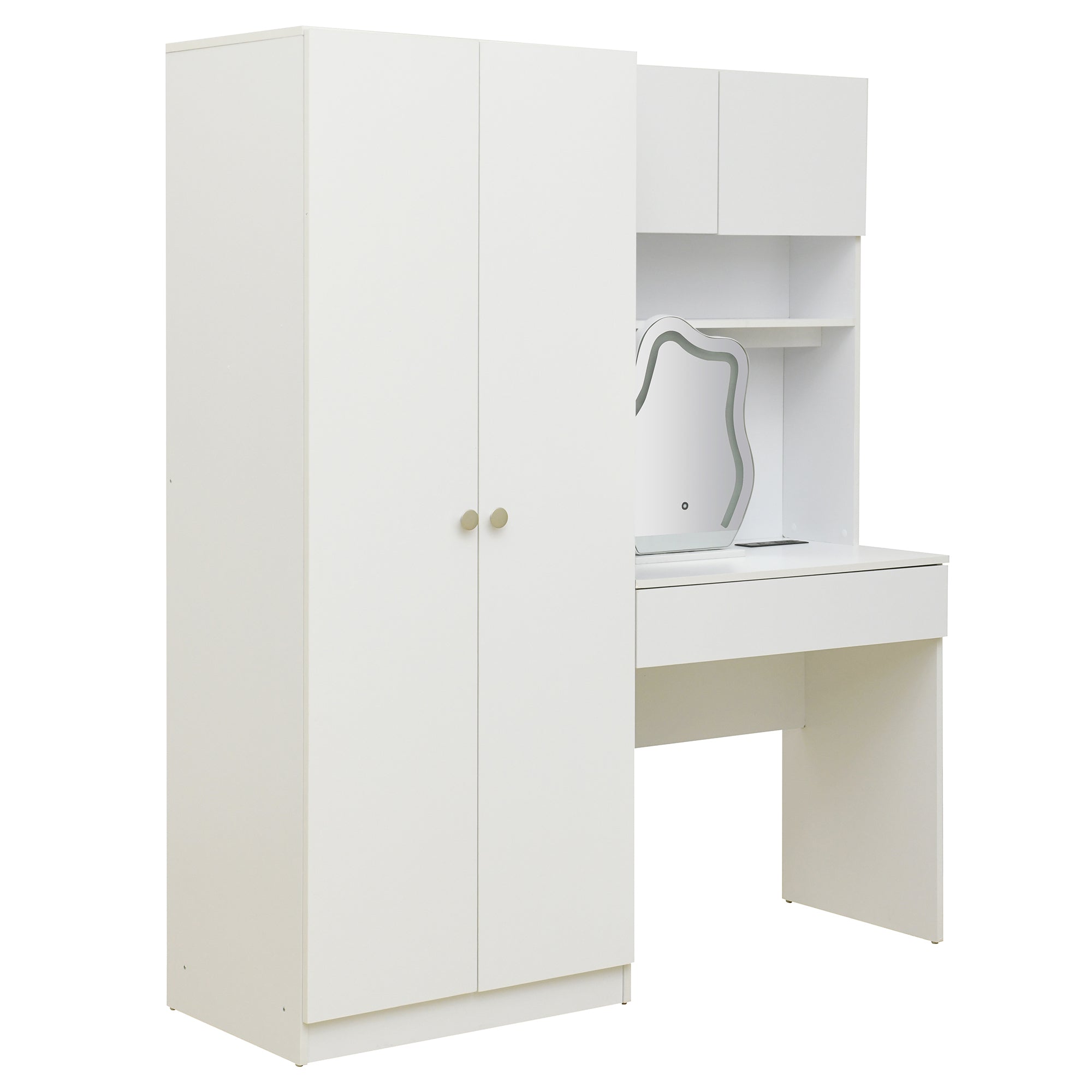 2 Door Wooden Storage Vanity Wardrobe with Makeup Mirror & Drawers - White Bedroom Organizer for Clothes, Shoes & Accessories | Perfect for Master Bedroom, Guest Room & Dormitory
