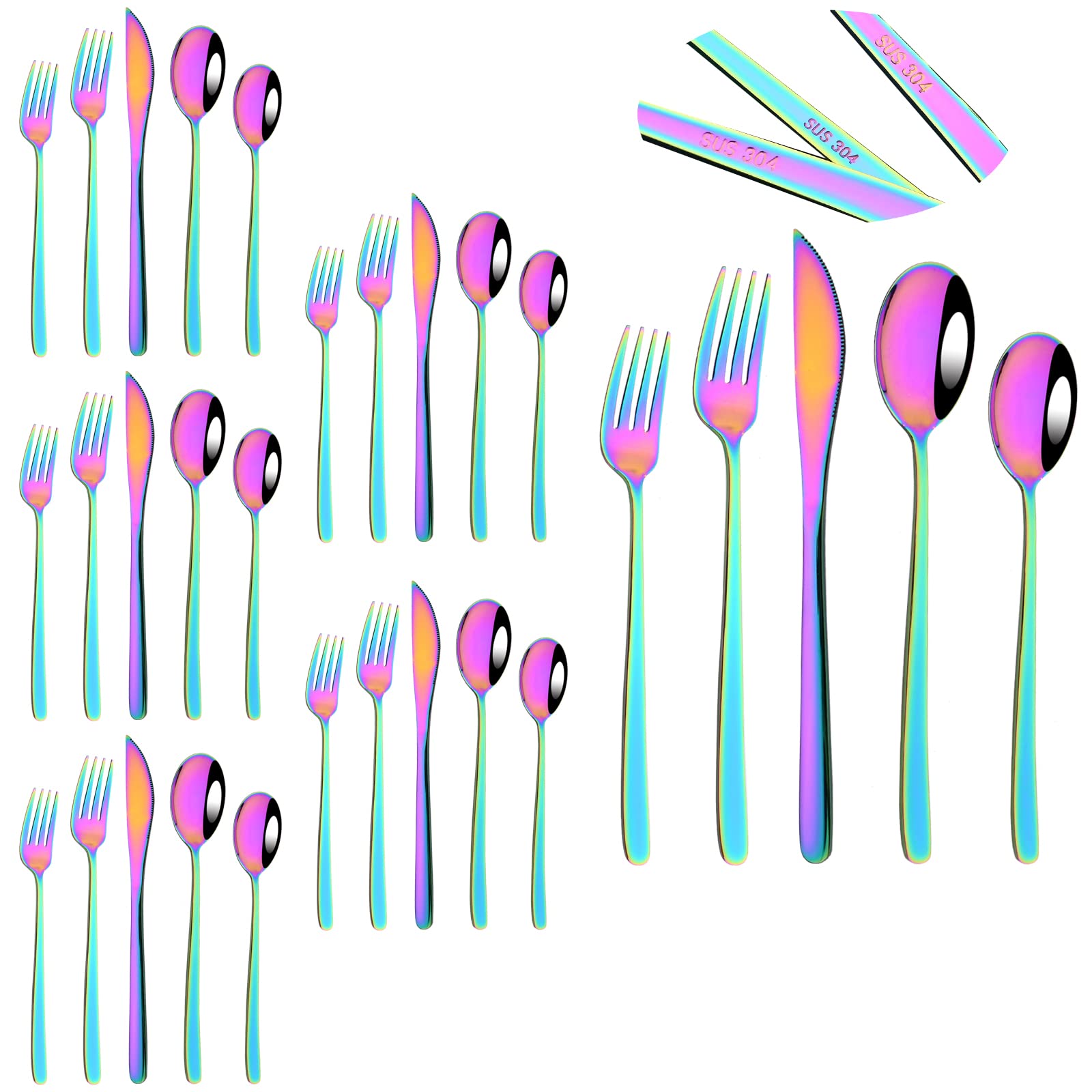 30-Piece Korean Style Silverware Set - Reusable SUS304 Stainless Steel Fork & Spoon Set - Mirror Finish Rainbow Utensils - Dishwasher Safe & Portable Flatware for Picnics, Parties & Home Dining
