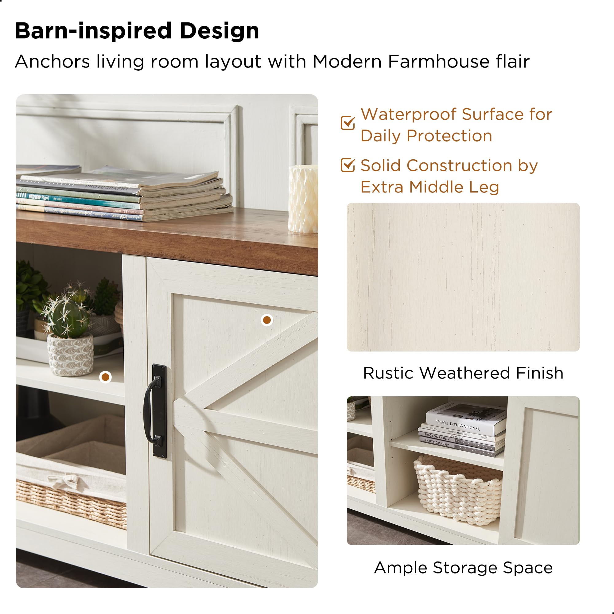 T4TREAM 75 Inch Farmhouse TV Stand - Rustic Wood Barn Door Media Console with Storage Cabinets, Easy Assembly Modern Entertainment Center for Living Room (Antique White) - Perfect for Farmhouse, Rustic & Modern Home Decor