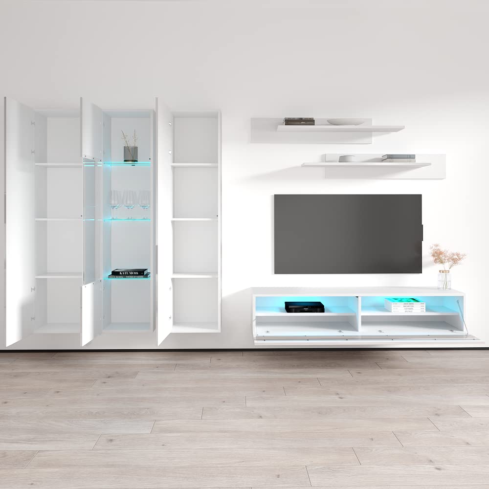 Modern White Wall-Mounted TV Stand with Storage Shelves & LED Lights - 35