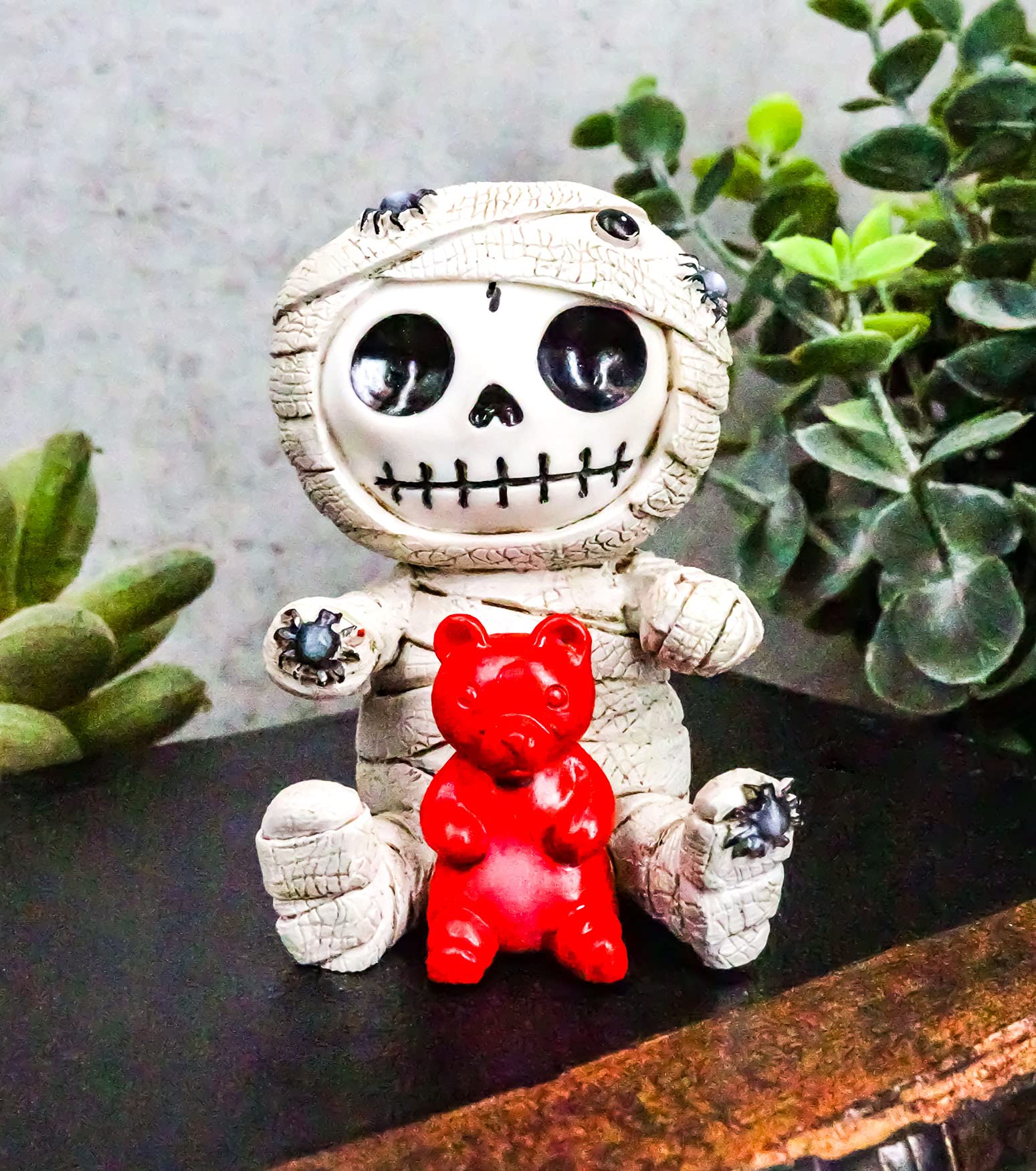 Ebros Egyptian Furrybones Mummy Sarcophagus with Red Teddy Bear & Spiders - 2.75
