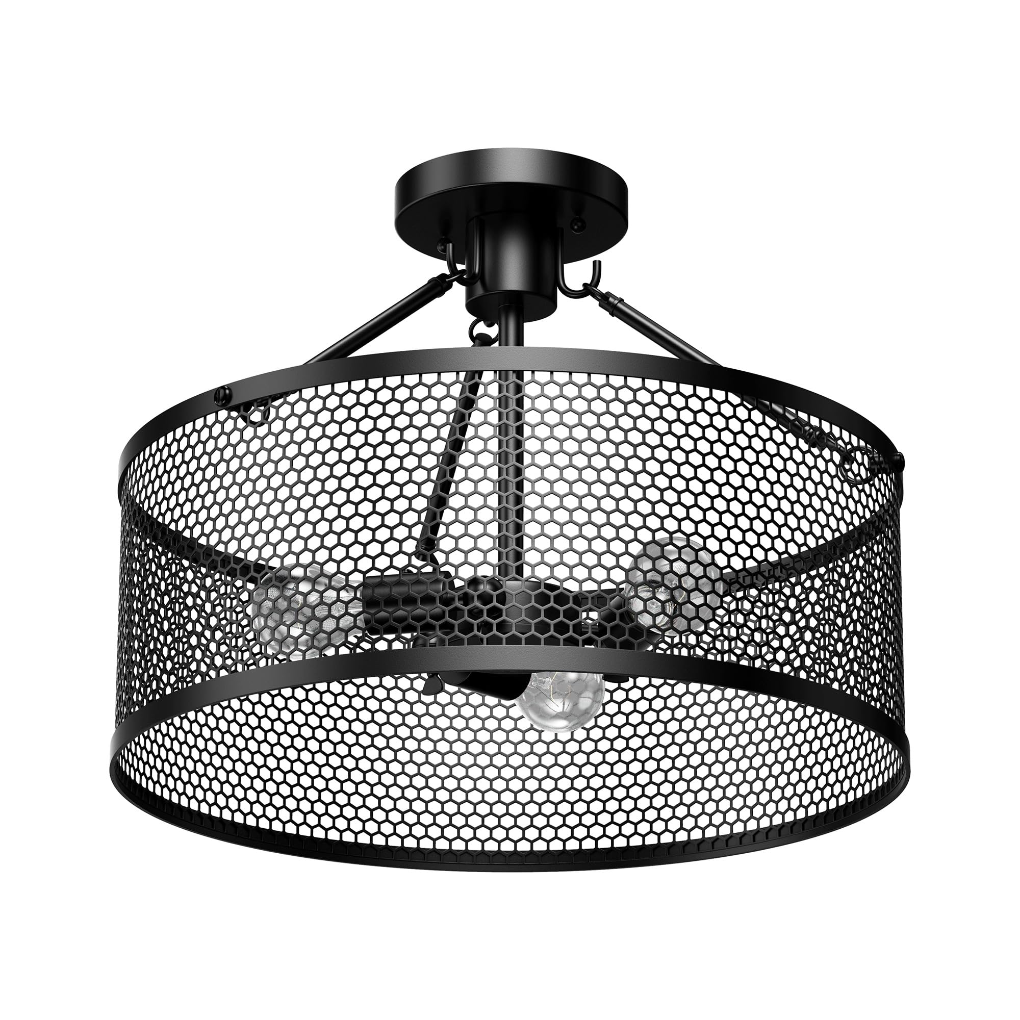 LEDMyplace 3-Light Drum Semi Flush Mount Ceiling Light Fixture - Matte Black Steel Cage, UL Listed, Farmhouse Style - Perfect for Bedroom, Living Room & Hallway - E26 Base (Bulb Not Included) | Modern Home Lighting for Cozy Ambiance & Energy-Efficient Illumination