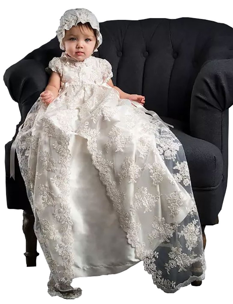 White & Ivory Lace Christening Gowns for Girls - Elegant Baptism Dresses with Matching Bonnet - Perfect for Baby Dedication, First Communion & Special Church Ceremonies