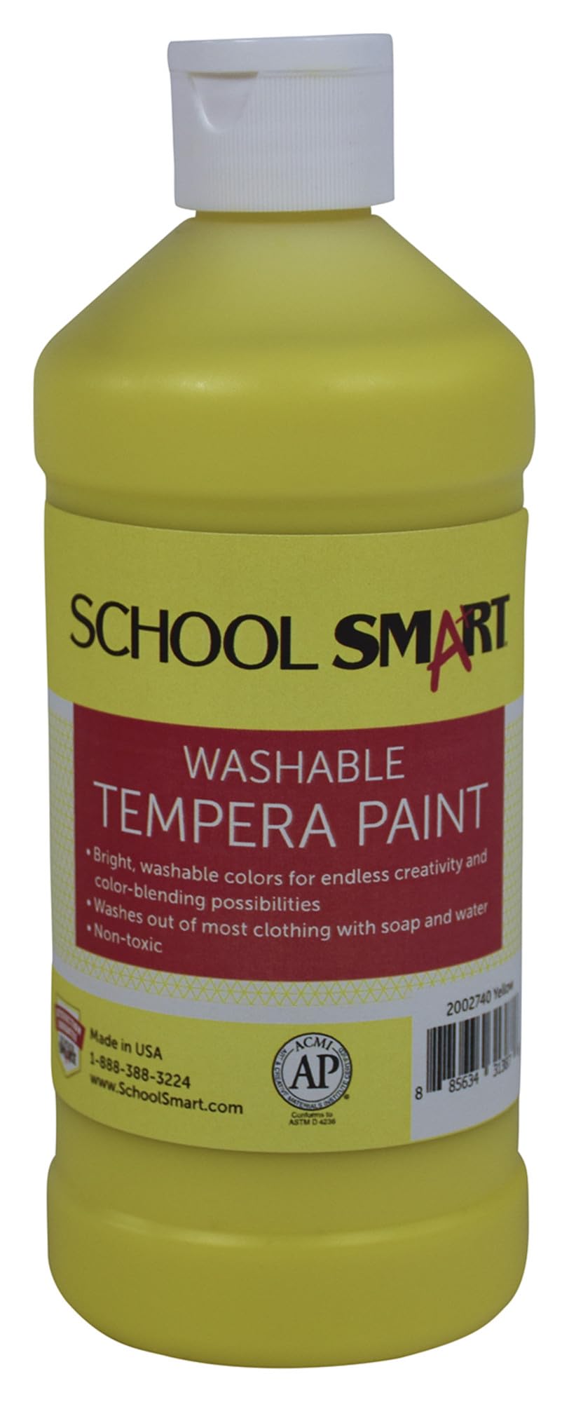 School Smart Washable Tempera Paint - Vibrant Yellow, 1 Pint Bottle for Kids Art Projects, Classroom Activities & DIY Crafts