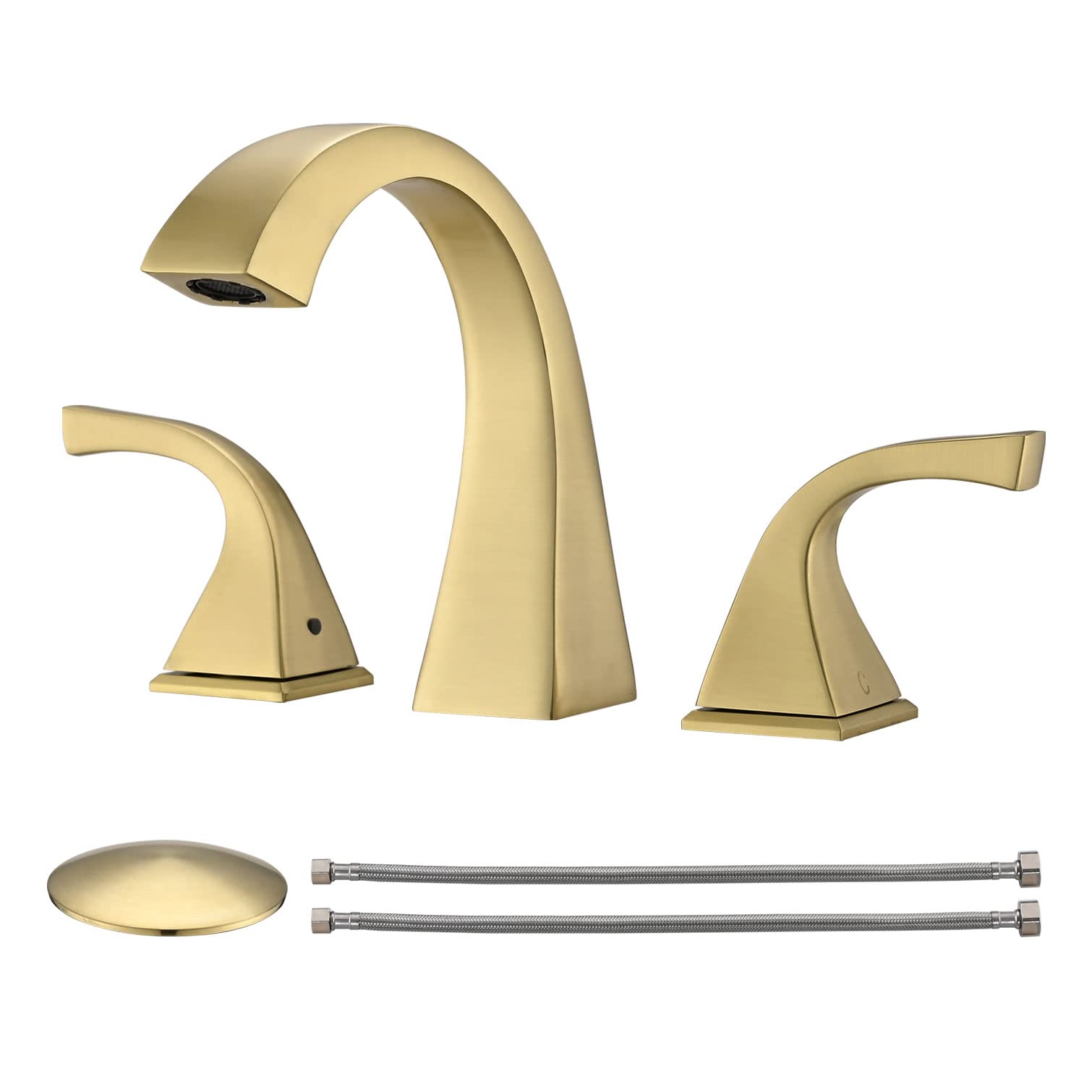 EQLOO Brushed Gold 8 Inch Widespread Bathroom Faucet - 2 Handle Brass Sink Faucet for 3 Hole Lavatory with Pop Up Drain & Supply Hose - Perfect for Modern Bathroom & Powder Room Renovations
