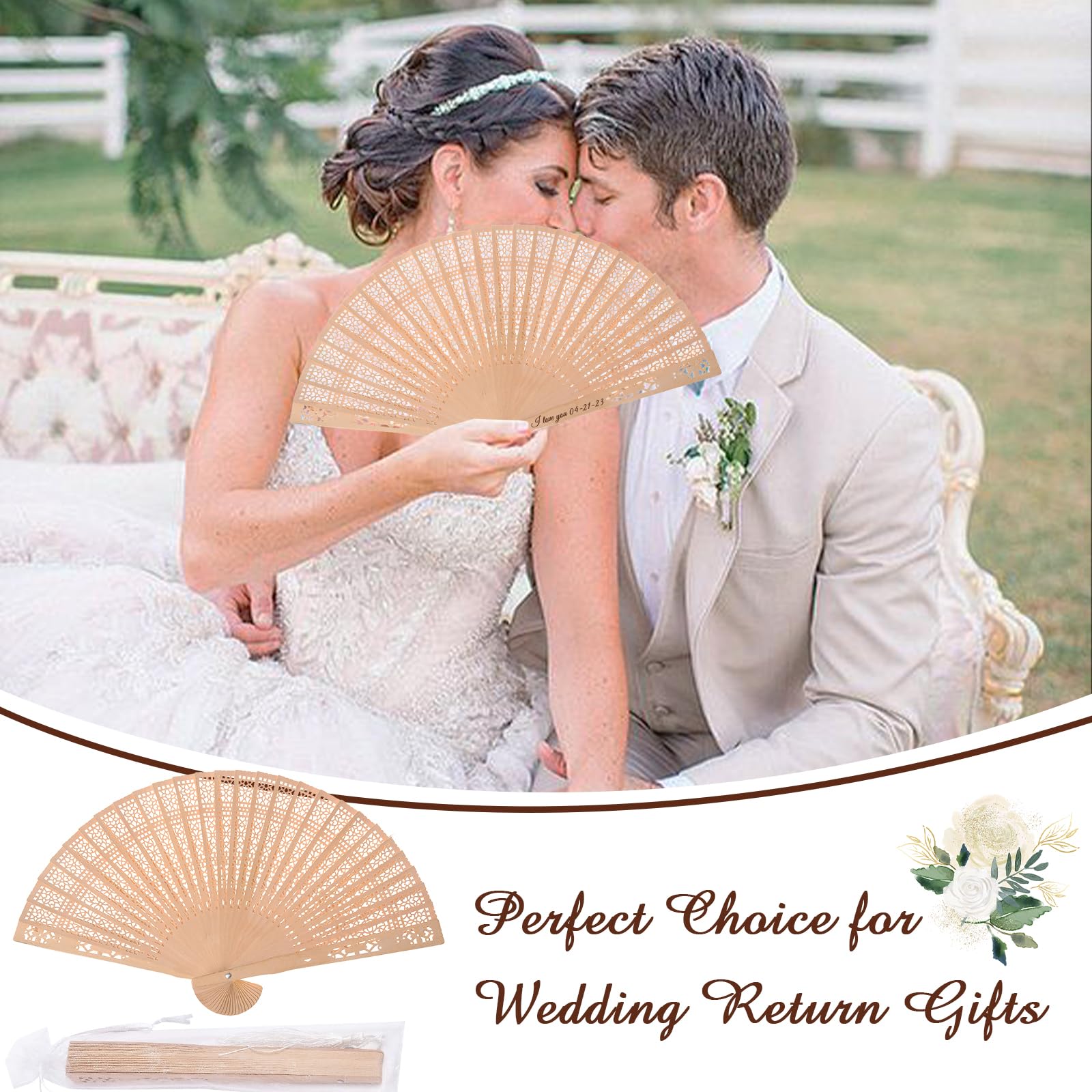 100Pcs Personalized Wooden Folding Hand Fans - Custom Engraved Summer Wedding Favors, Bridal Shower Gifts for Guests - Perfect for Outdoor Weddings, Beach Parties & Special Events (100PCS)