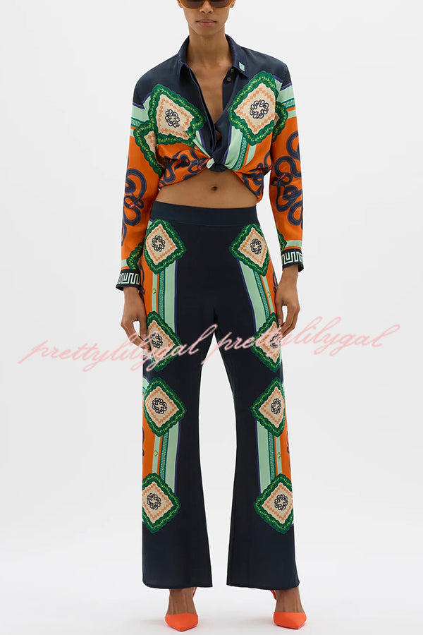 Vacation Times Women's Satin Oversized Button Down Blouse with Unique Print - Elegant Loose Fit Shirt for Casual Outings, Date Nights & Office Wear