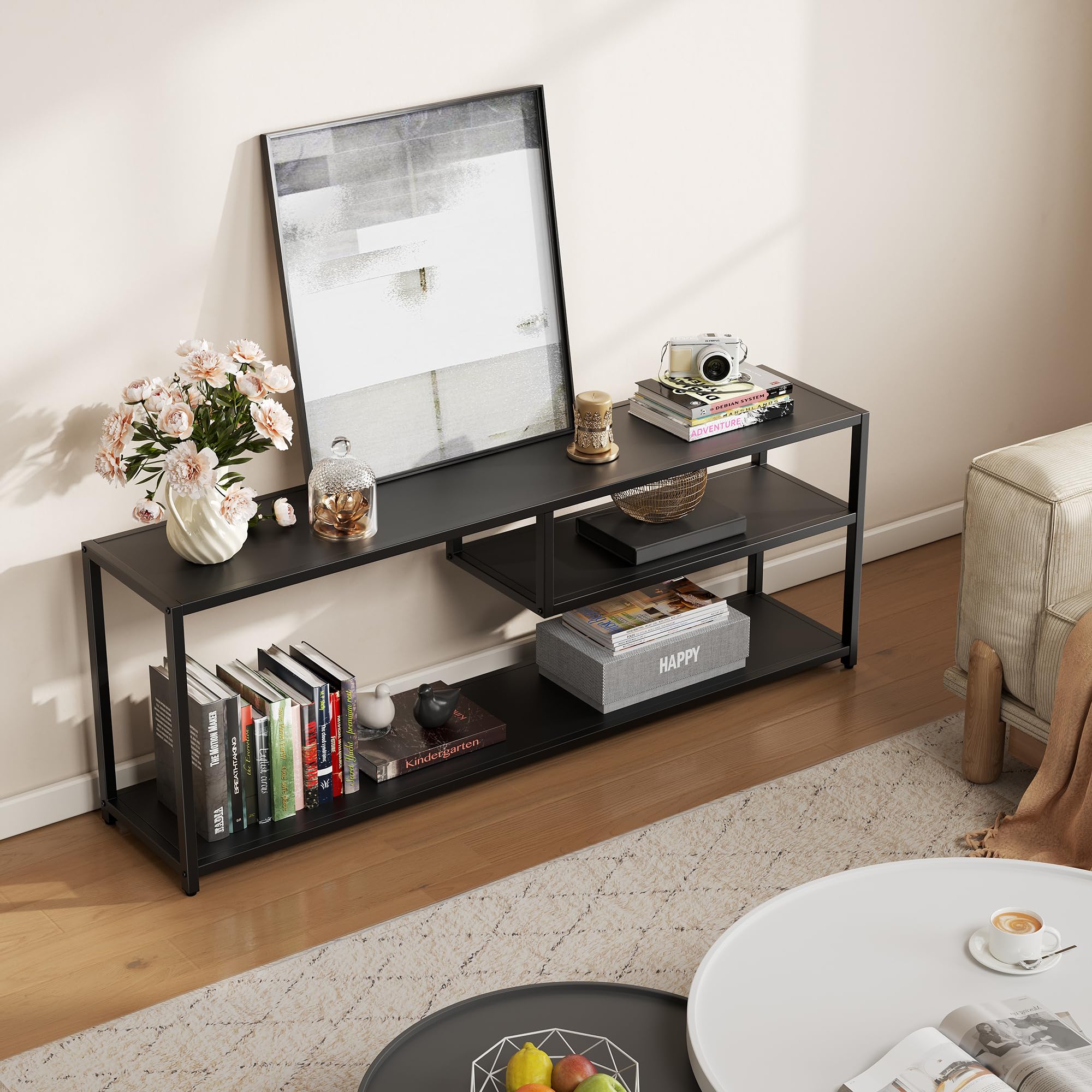 Modern TV Stand for 55 Inch TVs with Storage Shelves - Sturdy Metal Frame Entertainment Center - TV Console Table for Living Room & Bedroom (Black) - Perfect for Home Theater Setup & Space Saving Storage