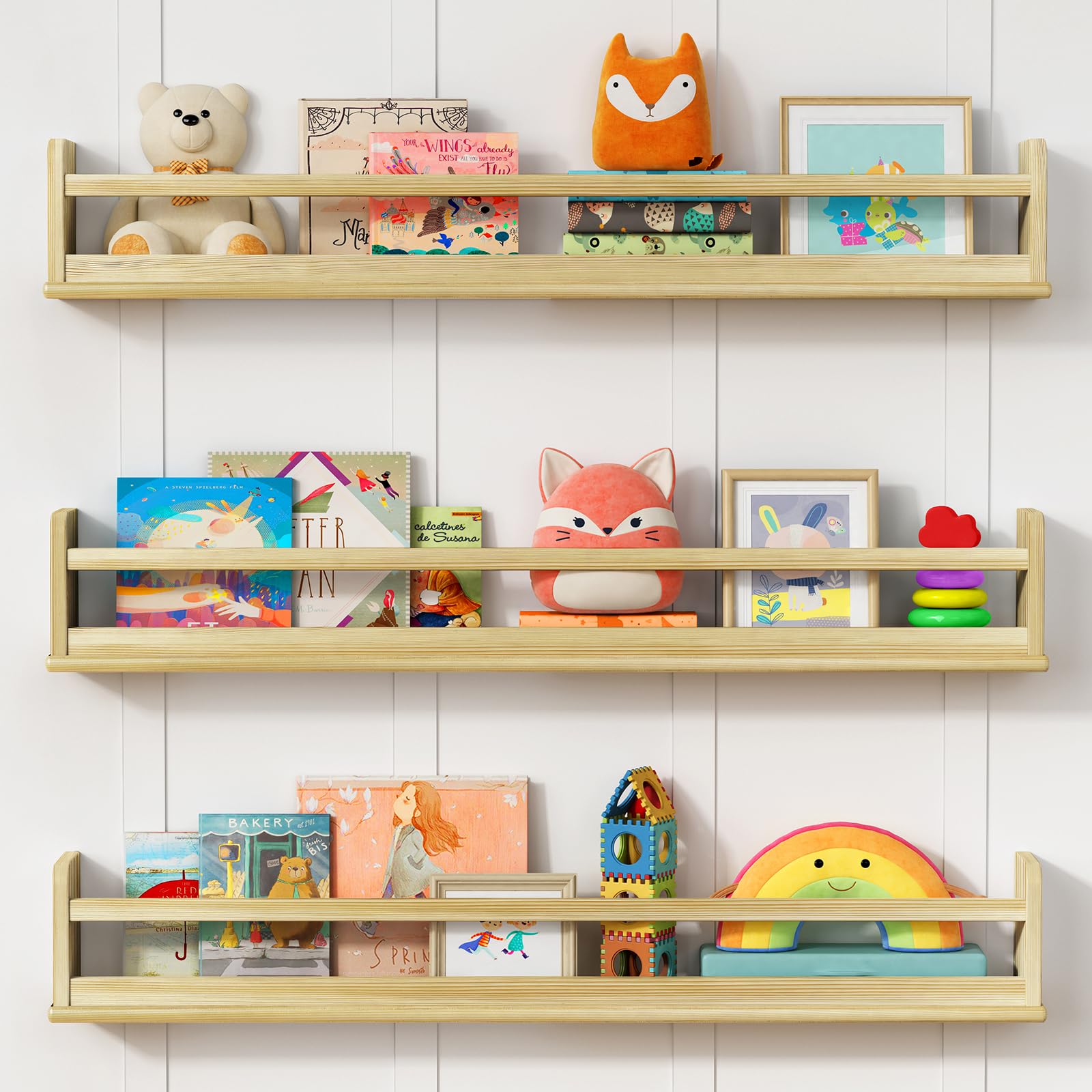 Upgraded 36 Inch Wooden Wall Bookshelf for Kids - 3-Pack Natural Floating Shelves for Nursery, Bedroom & Living Room Decor - Perfect for Organizing Books, Toys & Displaying Decorations