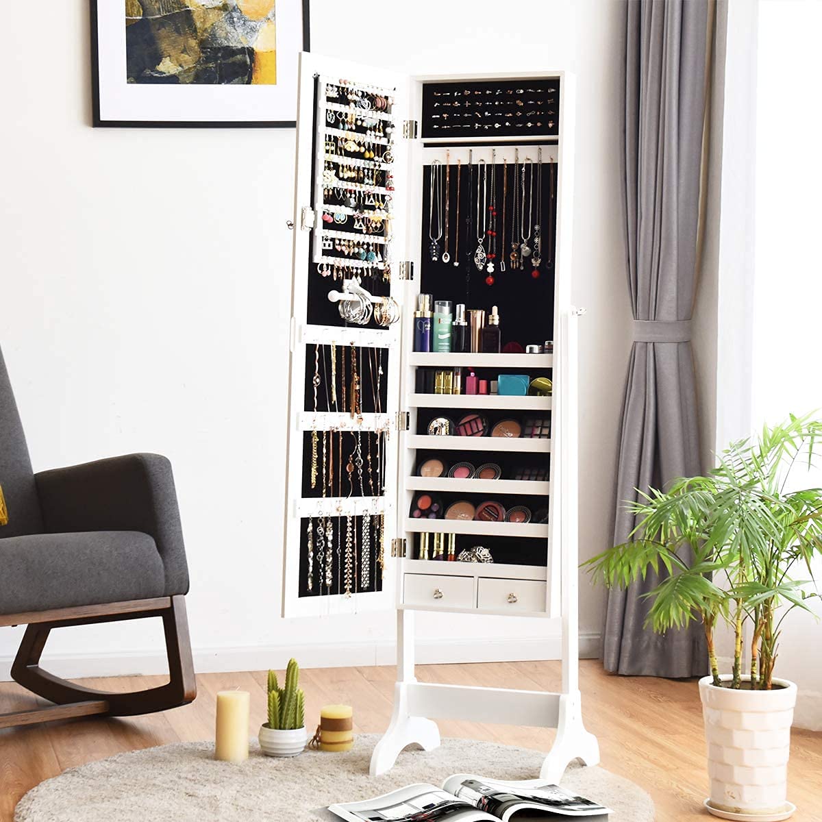 Lockable Mirrored Standing Jewelry Armoire Organizer - Large Jewelry Storage Cabinet with Full-Length Mirror, 4 Adjustable Hooks & 2 Drawers, 2-in-1 Jewelry Box Organizer (White) - Perfect for Bedroom, Closet, or Dressing Room Organization