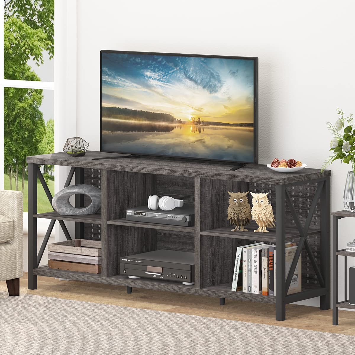 IBF 70 Inch TV Stand - Rustic Industrial Entertainment Center with Media Console Storage, Dark Gray Oak Wood & Metal TV Table for Living Room & Bedroom - Perfect for Home Theater & Gaming Setup (59 Inch)