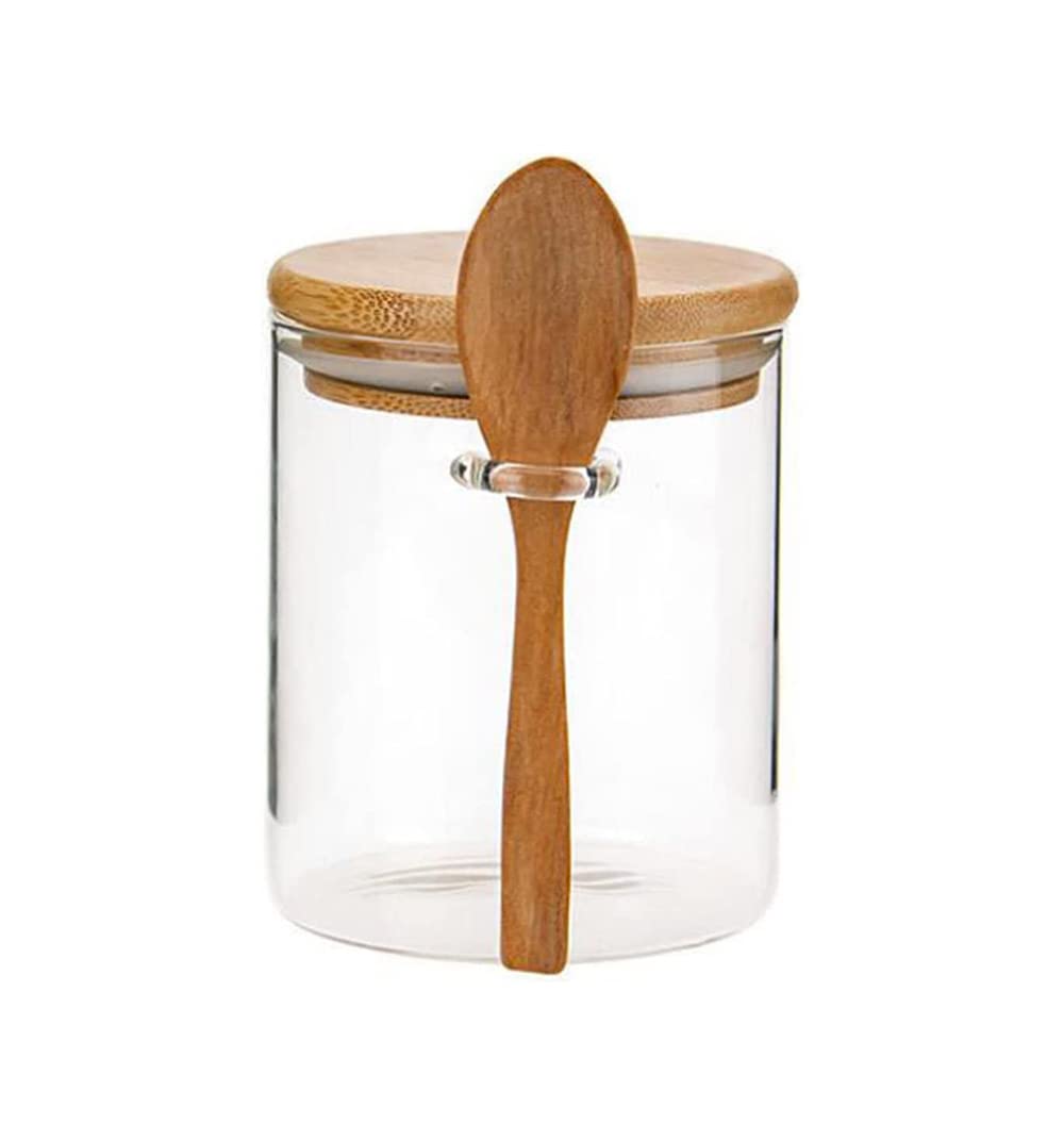 Premium Glass Sugar Bowl & Spice Jar with Wooden Lid & Spoon - Airtight Food Storage Container for Kitchen, Pantry, Coffee & Tea Station - Perfect for Sugar, Spices, Coffee, Tea & Baking Ingredients
