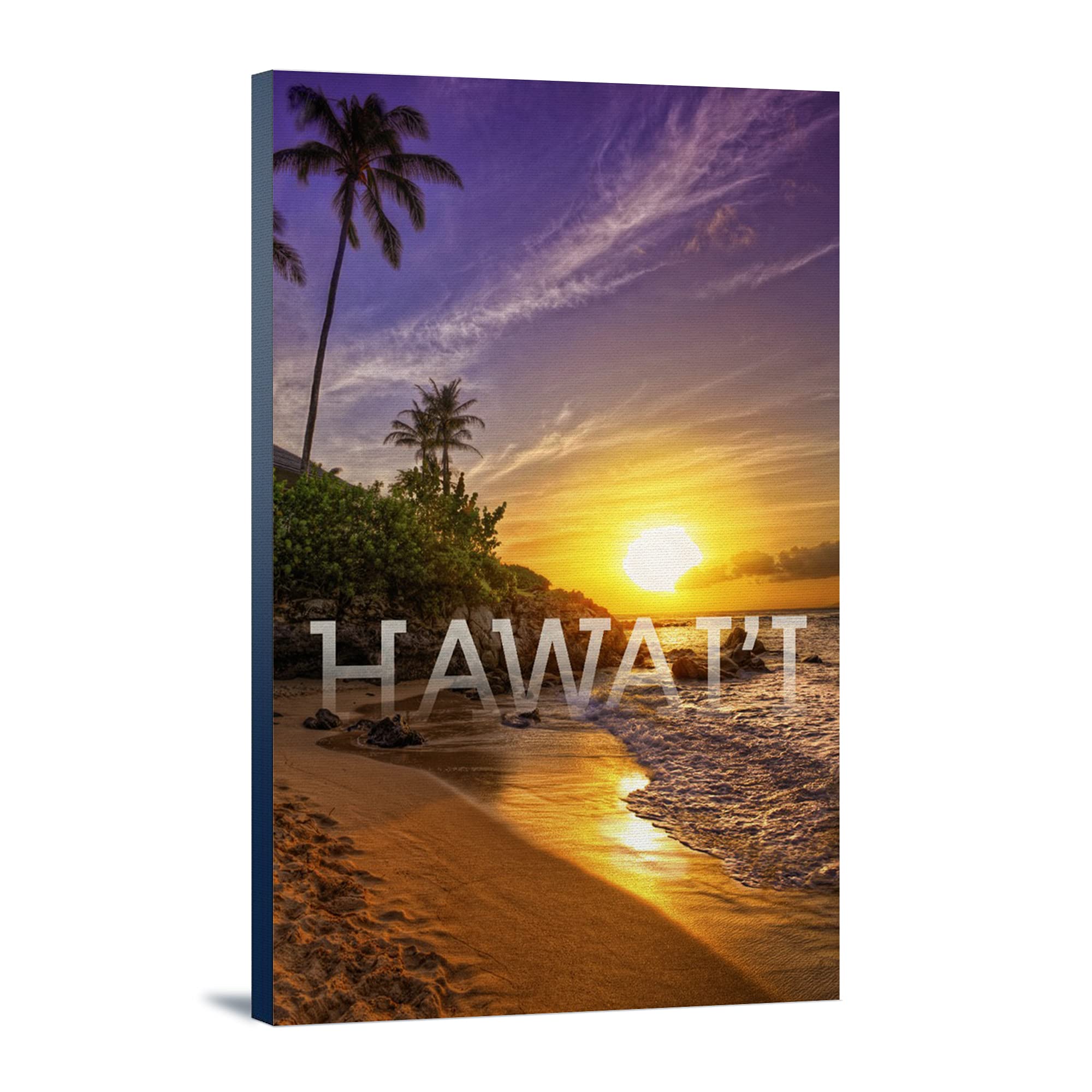 Hawaii Sunset and Palm Tree Wall Art - 16x24 Wrapped Canvas Print - Tropical Beach Decor for Living Room, Bedroom & Office