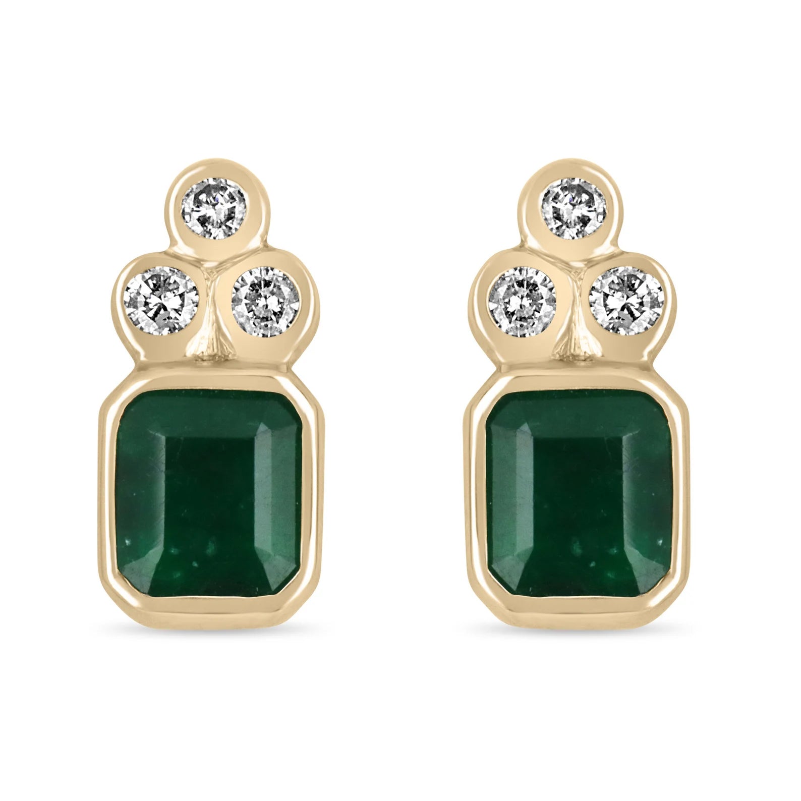 7.01tcw Natural Dark Forest Green Emerald Cut Emerald & Diamond Accent Bezel Earrings in 14K Gold - Elegant Jewelry for Weddings, Parties & Special Occasions