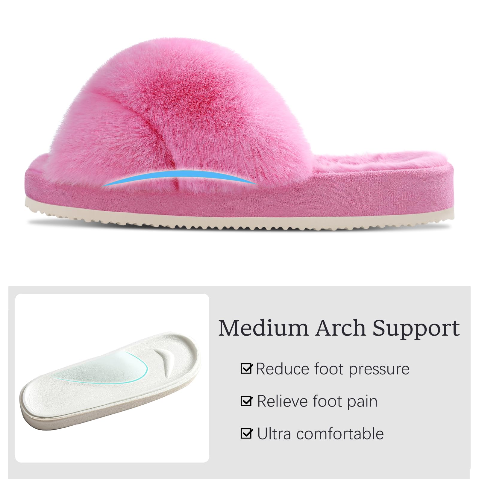 Comwarm Women's Fuzzy Cross Band Slippers - Soft Plush Open Toe House Shoes for Indoor & Outdoor Use - Cozy Bedroom Slides for Relaxing at Home, Lounging & Quick Errands