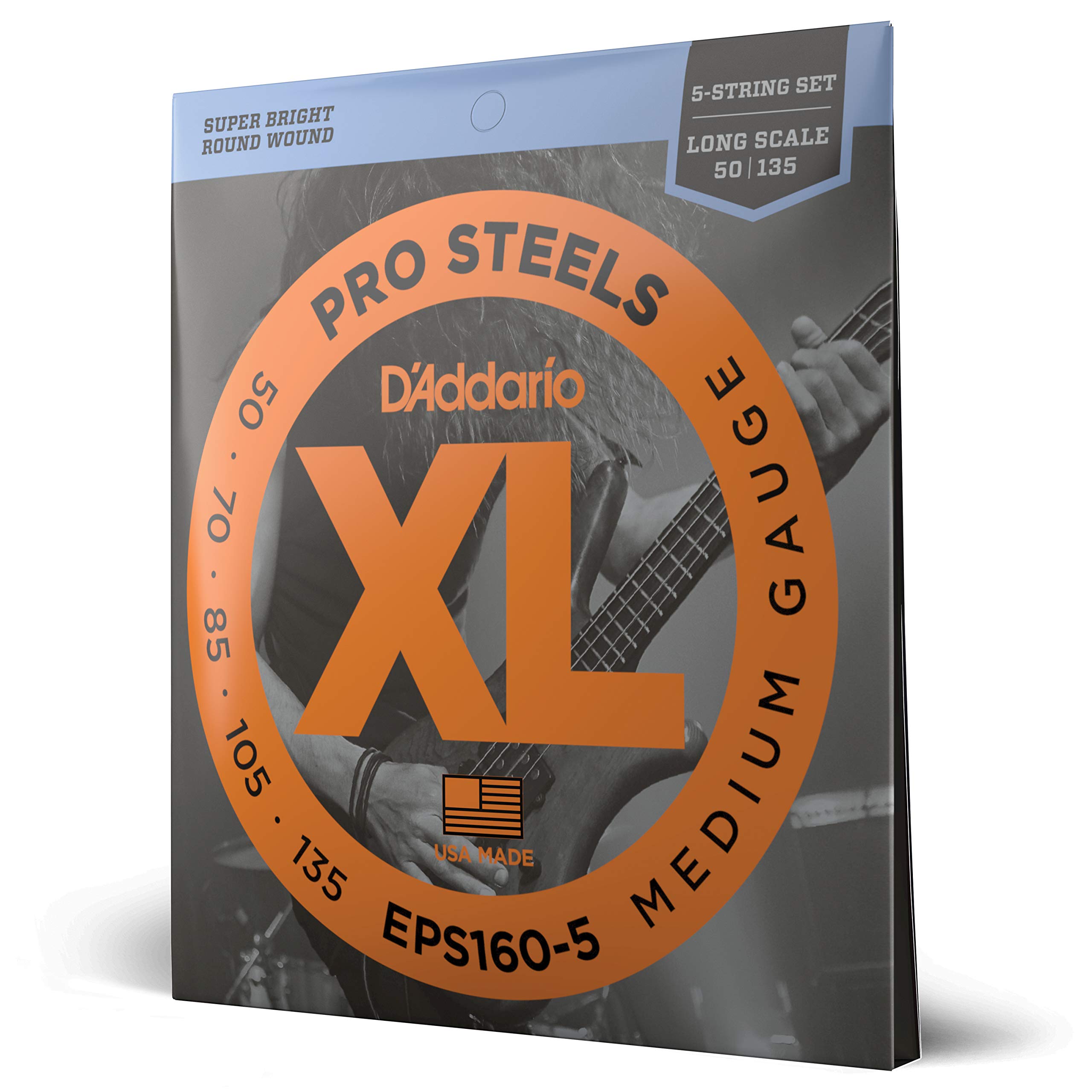 D'Addario XL Pro Steels EPS160-5 Bass Guitar Strings - 5-String Set, Long Scale, Medium Gauge 50-135 - Perfect for Rock, Metal & Studio Recording (Pack of 1)